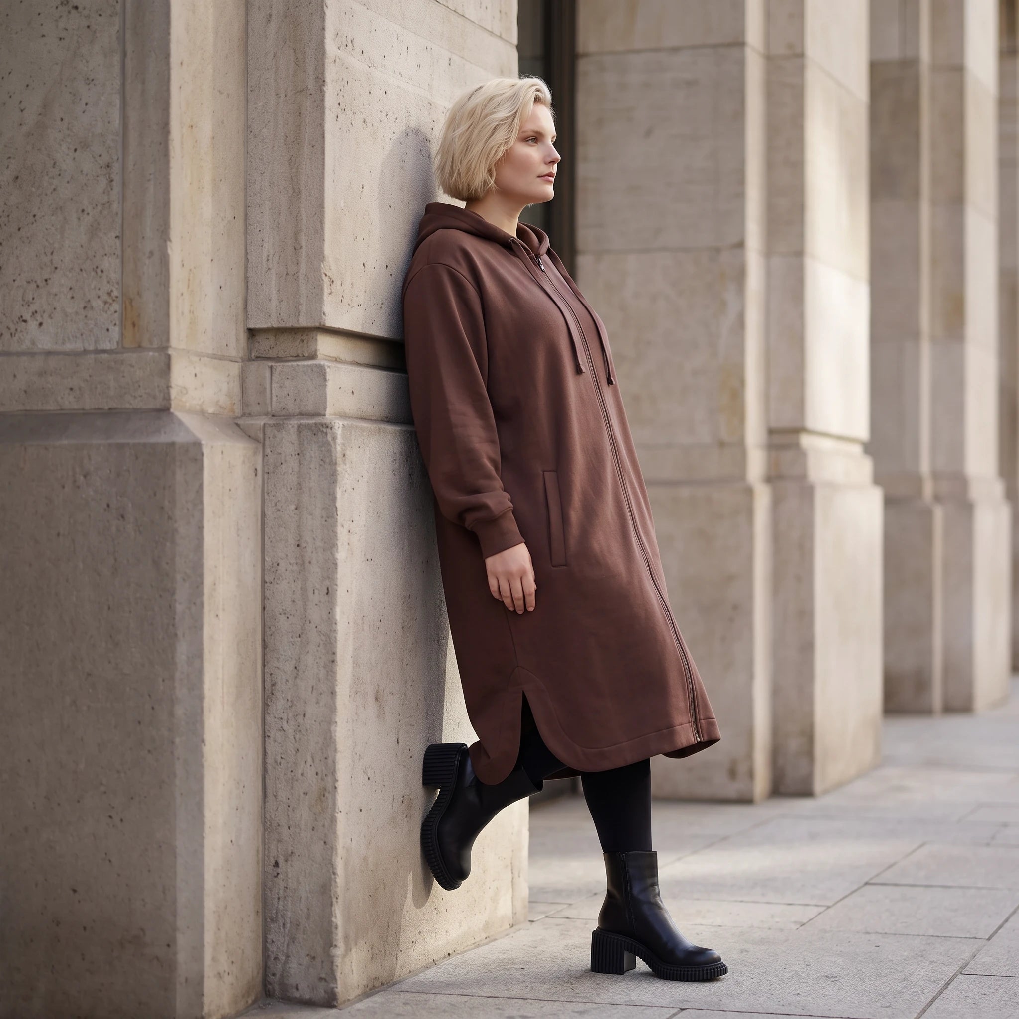 Kapuzenjacke in Schokobraun aus Baumwolle mit geradem Schnitt aus weichem French Terry