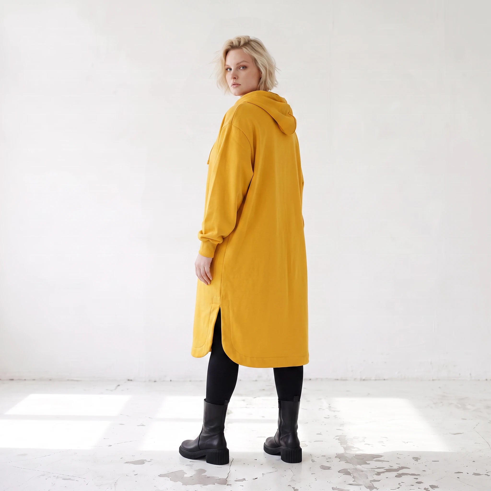 Kapuzenjacke in Senfgelb aus Baumwolle mit French Terry Fleece geradem Schnitt Basic
