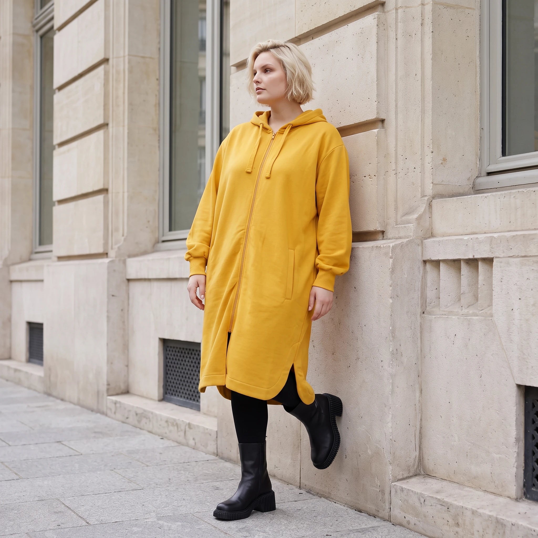 Kapuzenjacke in Senfgelb aus Baumwolle mit French Terry Fleece geradem Schnitt Basic