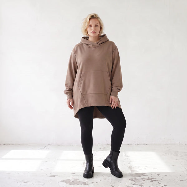 Damen Hoody Lagenlook Baumwolle Braun, gerundeter Schnitt, Kapuze, Oversize große Größen – Rafay