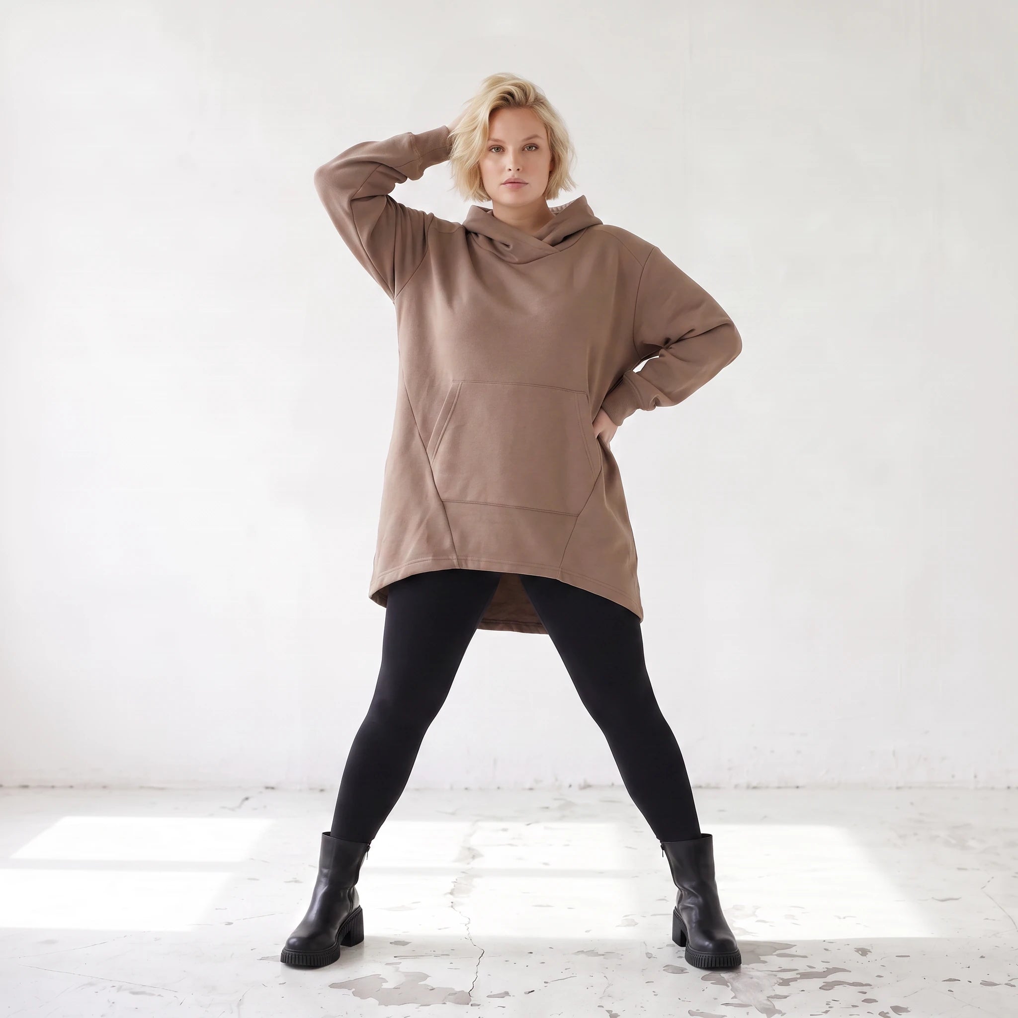 Damen Hoody Lagenlook Baumwolle Braun, gerundeter Schnitt, Kapuze, Oversize große Größen – Rafay