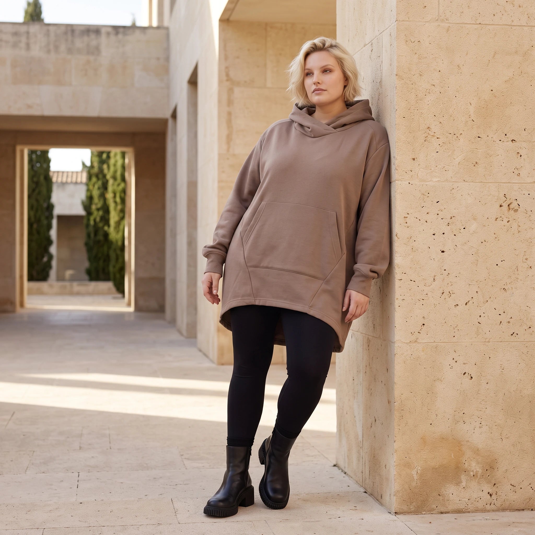 Damen Hoody Lagenlook Baumwolle Braun, gerundeter Schnitt, Kapuze, Oversize große Größen – Rafay