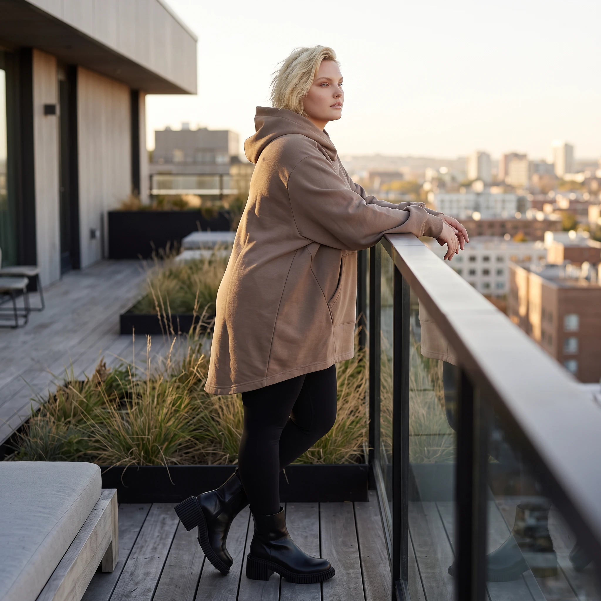 Damen Hoody Lagenlook Baumwolle Braun, gerundeter Schnitt, Kapuze, Oversize große Größen – Rafay