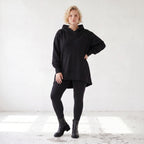 Damen Hoody Lagenlook Baumwolle Schwarz, gerundeter Schnitt, 7/8-Arm, Kängurutasche, Oversize große Größen – Rafay