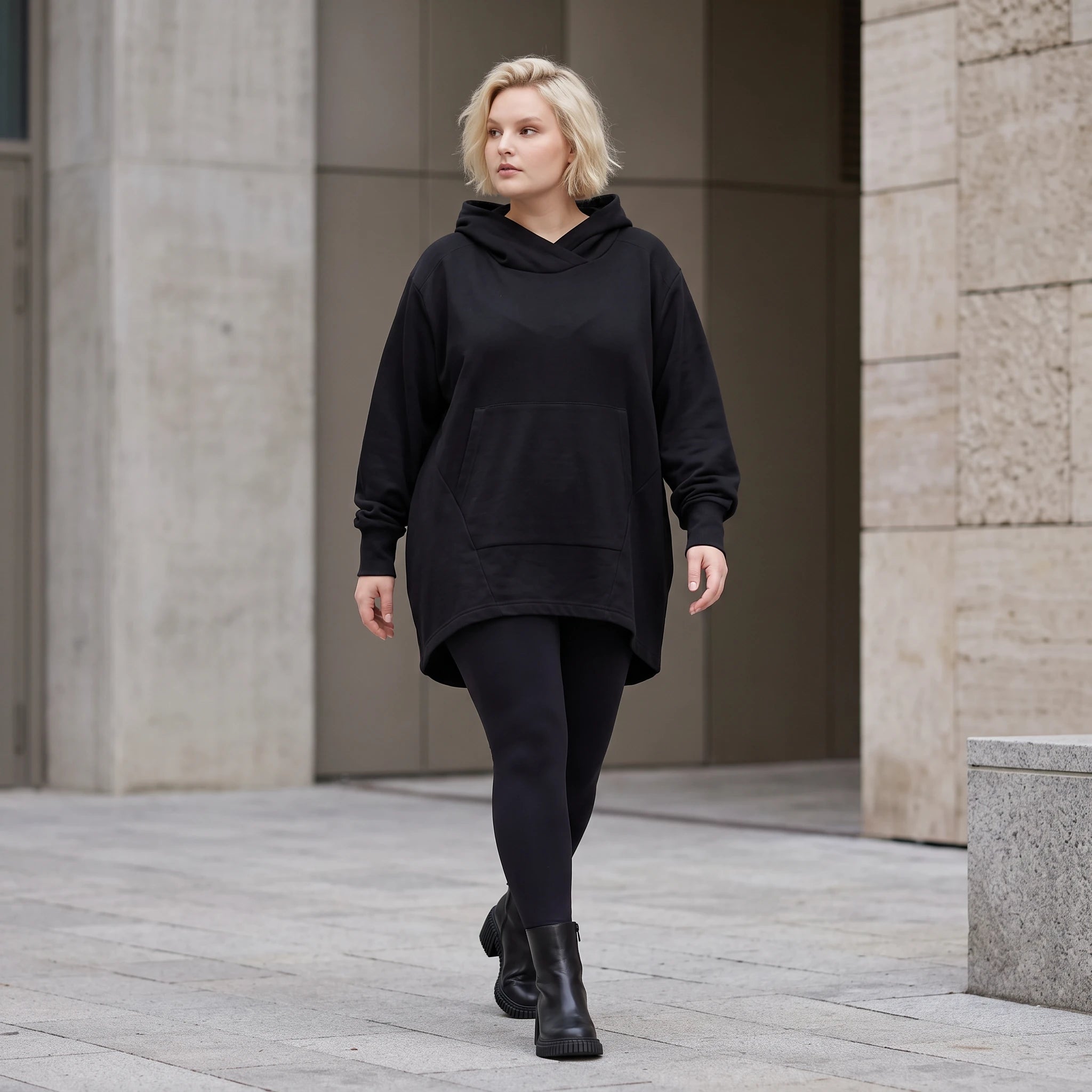 Damen Hoody Lagenlook Baumwolle Schwarz, gerundeter Schnitt, 7/8-Arm, Kängurutasche, Oversize große Größen – Rafay