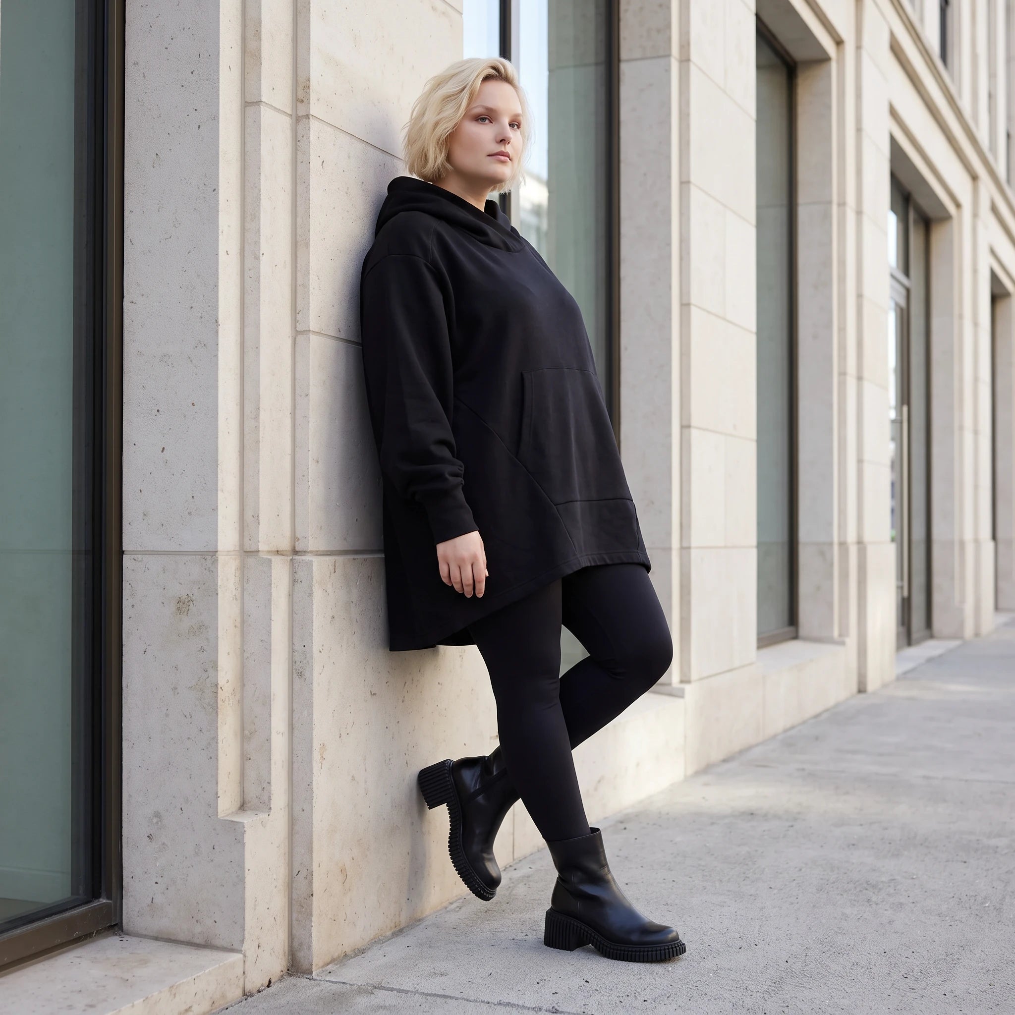 Damen Hoody Lagenlook Baumwolle Schwarz, gerundeter Schnitt, 7/8-Arm, Kängurutasche, Oversize große Größen – Rafay