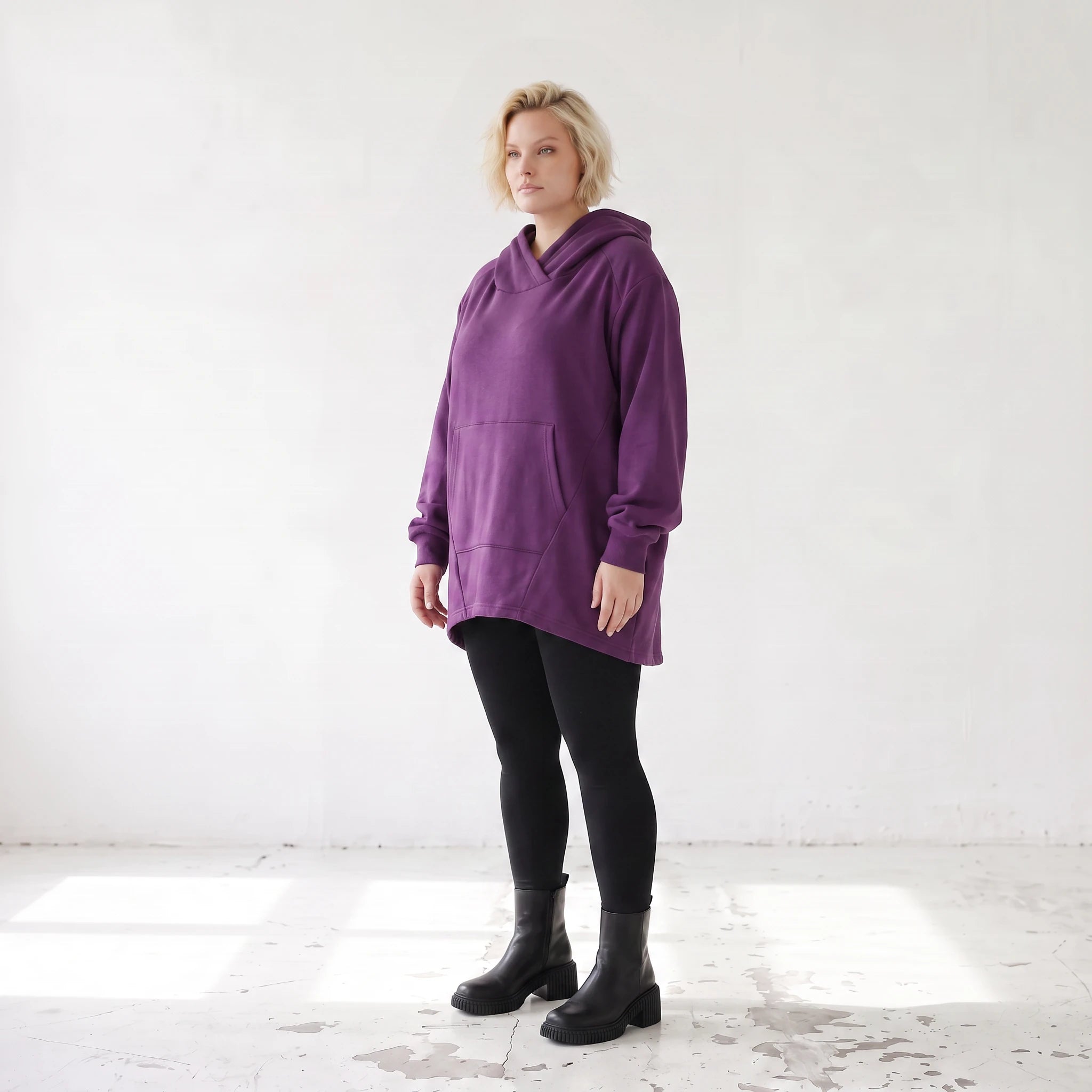 Damen Hoody Lagenlook Baumwolle Lila, gerundeter Schnitt, 7/8-Arm, Kängurutasche, Oversize große Größen – Rafay