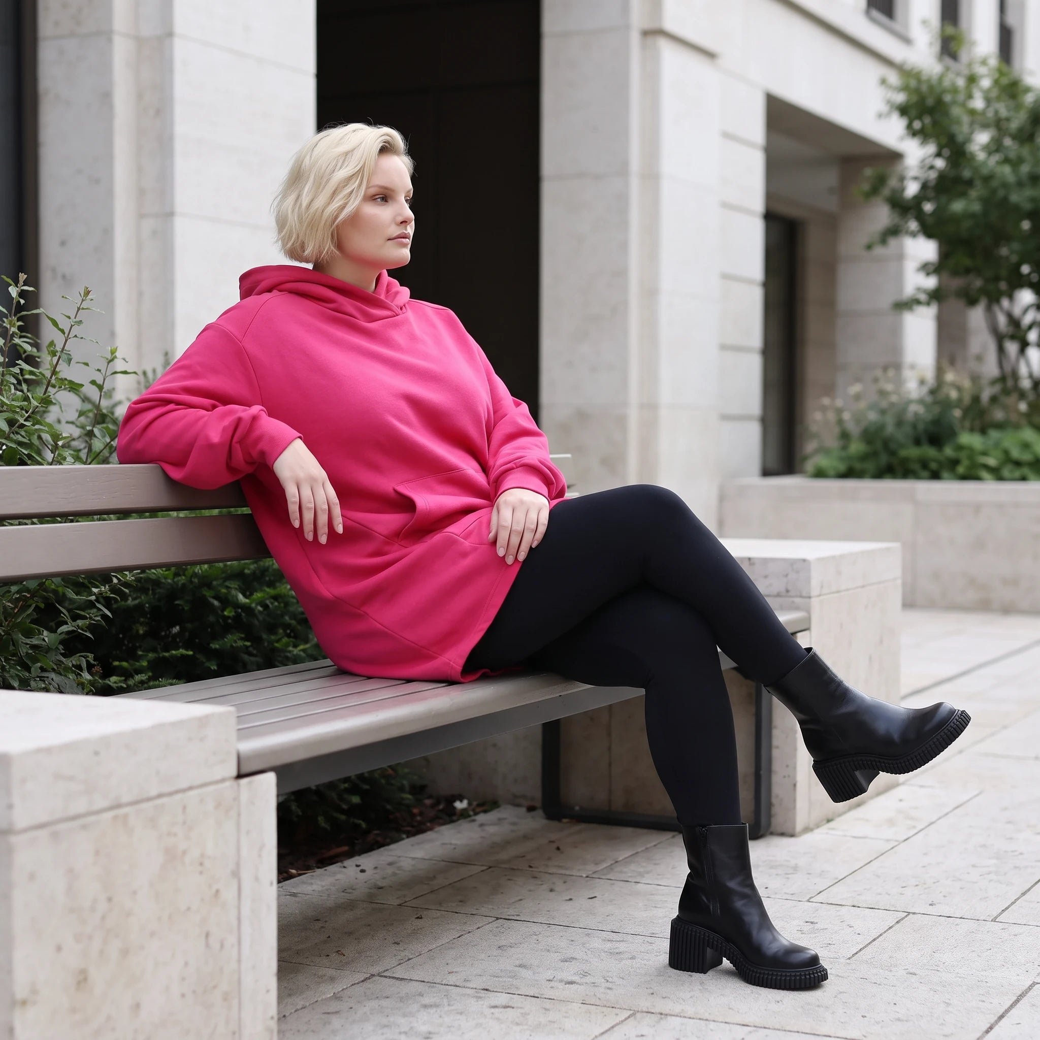 Damen Hoody Lagenlook Baumwolle Pink, gerundeter Schnitt, Kängurutasche, Oversize große Größen – Rafay