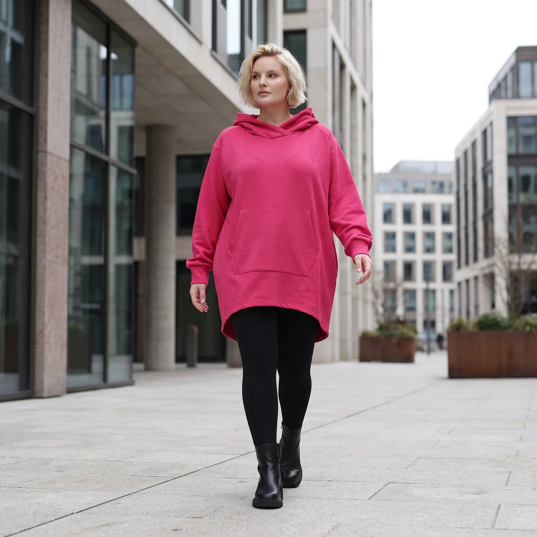 Damen Hoody Lagenlook Baumwolle Pink, gerundeter Schnitt, Kängurutasche, Oversize große Größen – Rafay