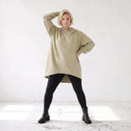 Damen Hoody Lagenlook Baumwolle Beige, gerundeter Schnitt, 7/8-Arm, Kängurutasche, Oversize große Größen – Rafay
