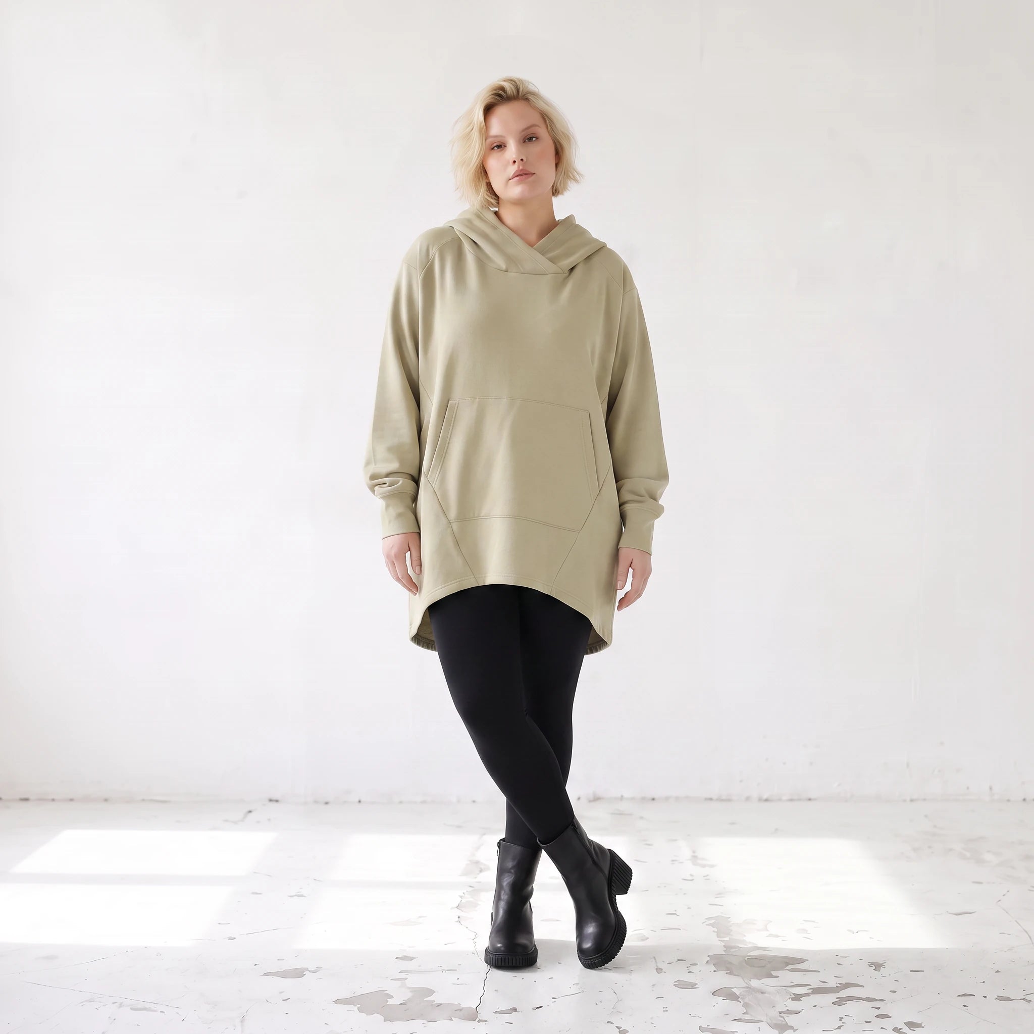 Damen Hoody Lagenlook Baumwolle Beige, gerundeter Schnitt, 7/8-Arm, Kängurutasche, Oversize große Größen – Rafay