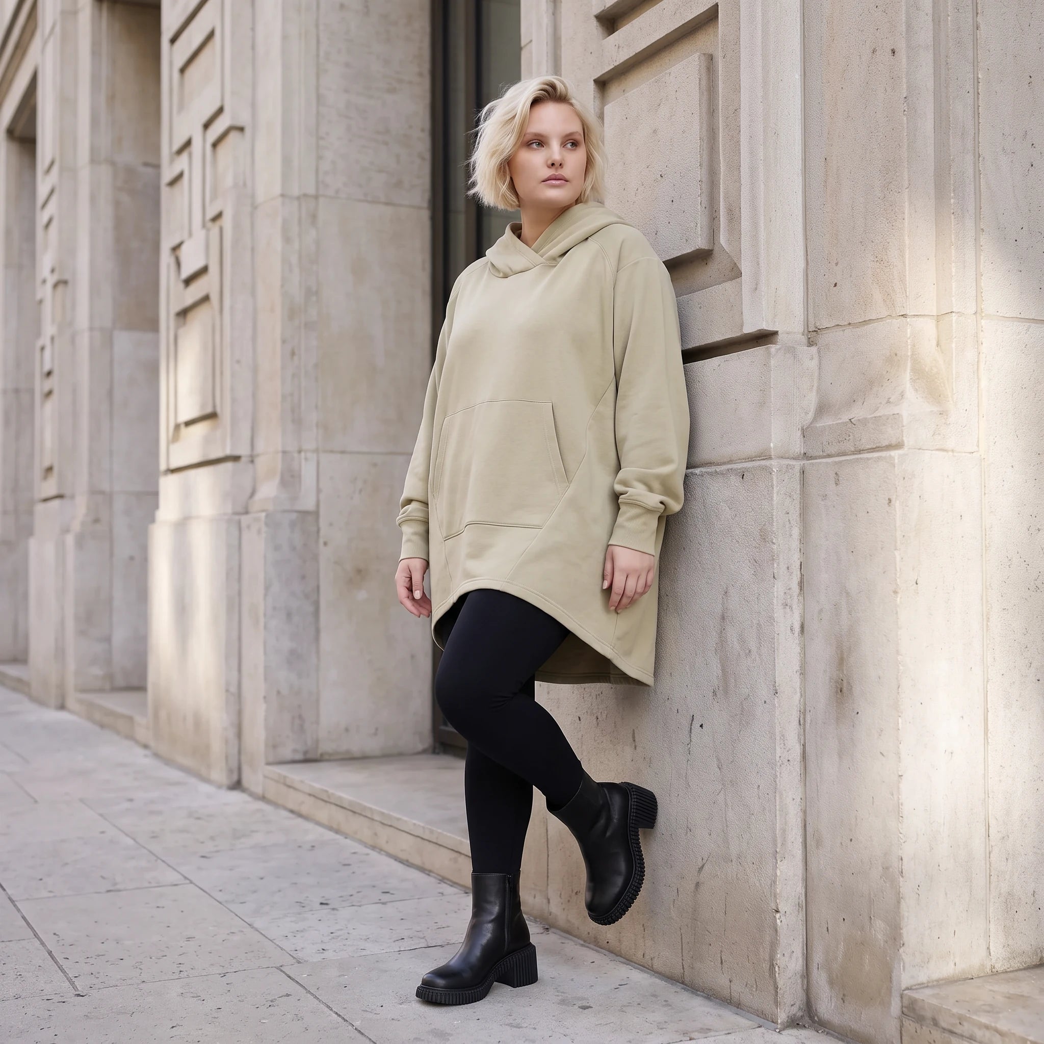 Damen Hoody Lagenlook Baumwolle Beige, gerundeter Schnitt, 7/8-Arm, Kängurutasche, Oversize große Größen – Rafay