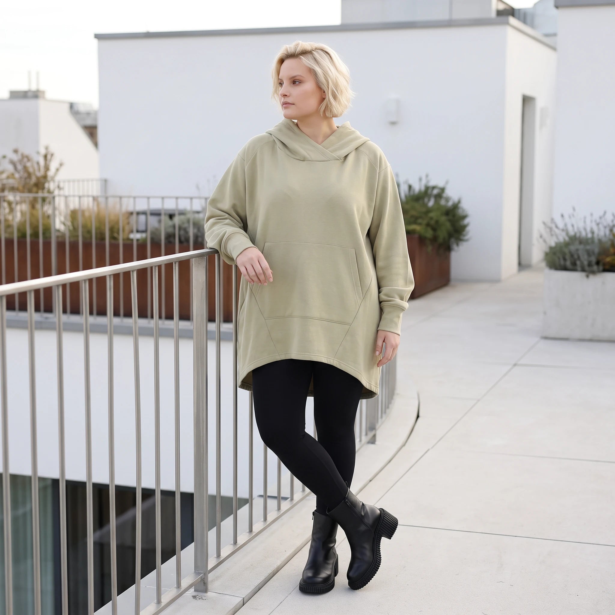 Damen Hoody Lagenlook Baumwolle Beige, gerundeter Schnitt, 7/8-Arm, Kängurutasche, Oversize große Größen – Rafay