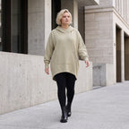 Damen Hoody Lagenlook Baumwolle Beige, gerundeter Schnitt, 7/8-Arm, Kängurutasche, Oversize große Größen – Rafay