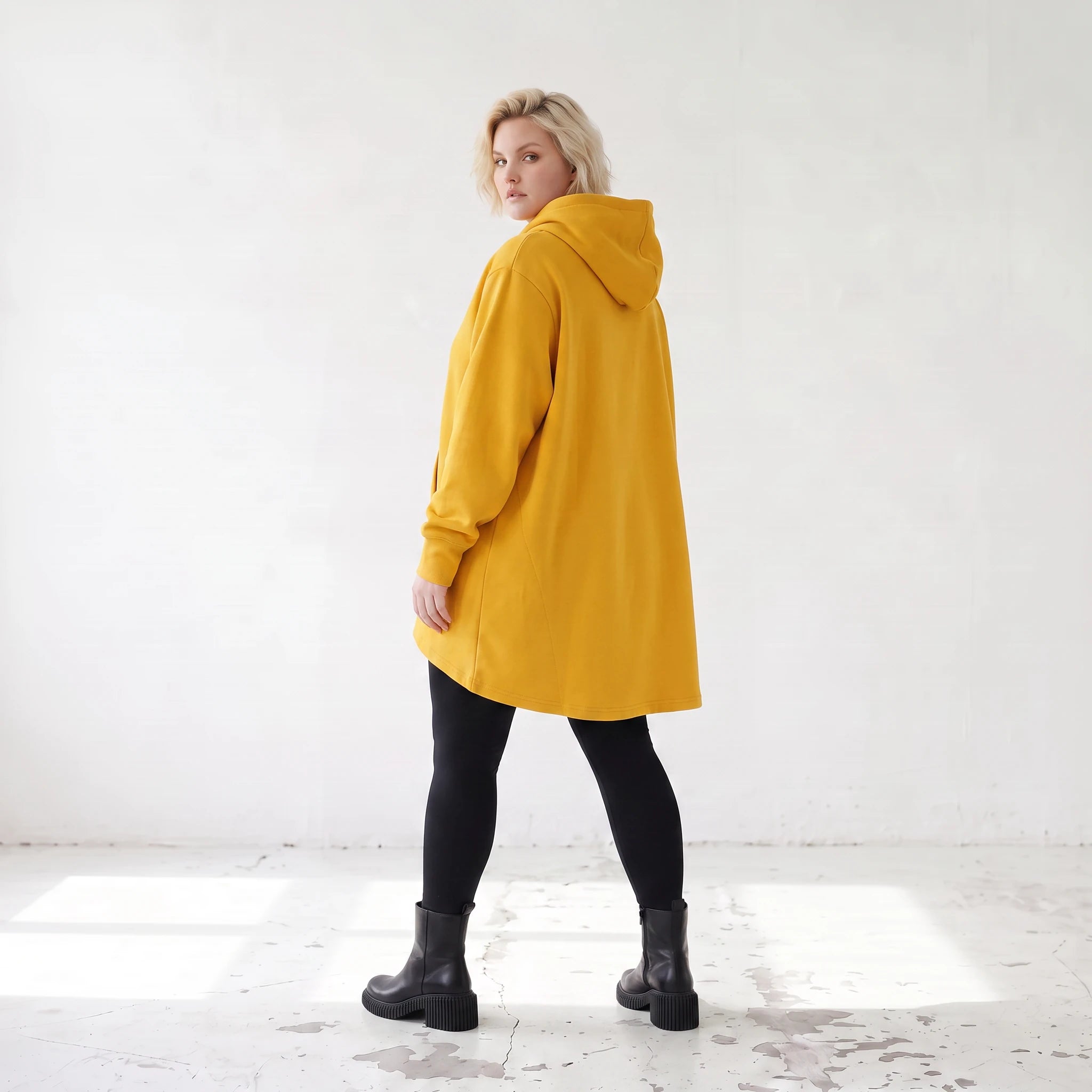 Damen Hoody Lagenlook Baumwolle Senfgelb, gerundeter Schnitt, 7/8-Arm, Kängurutasche, Oversize große Größen – Rafay