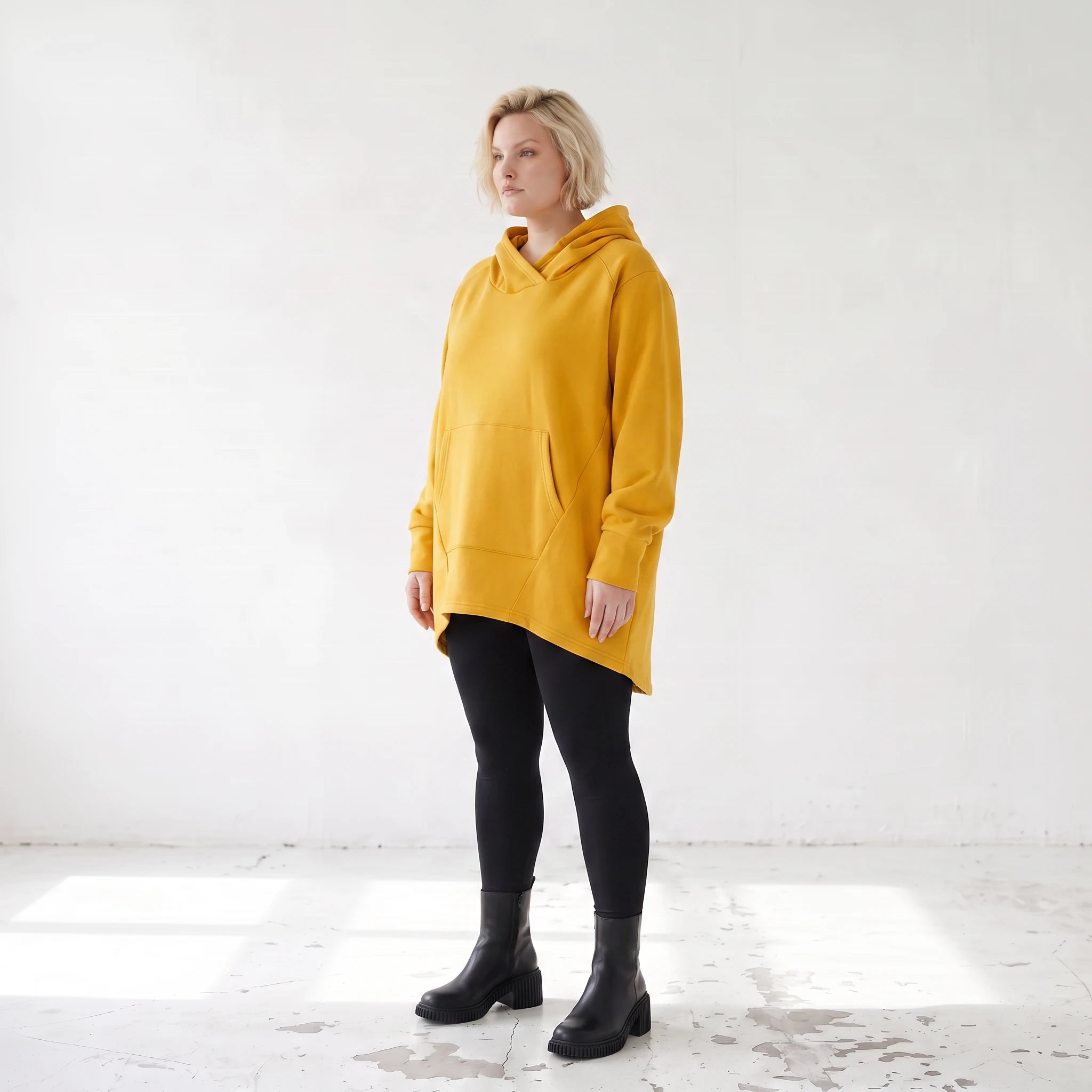 Damen Hoody Lagenlook Baumwolle Senfgelb, gerundeter Schnitt, 7/8-Arm, Kängurutasche, Oversize große Größen – Rafay