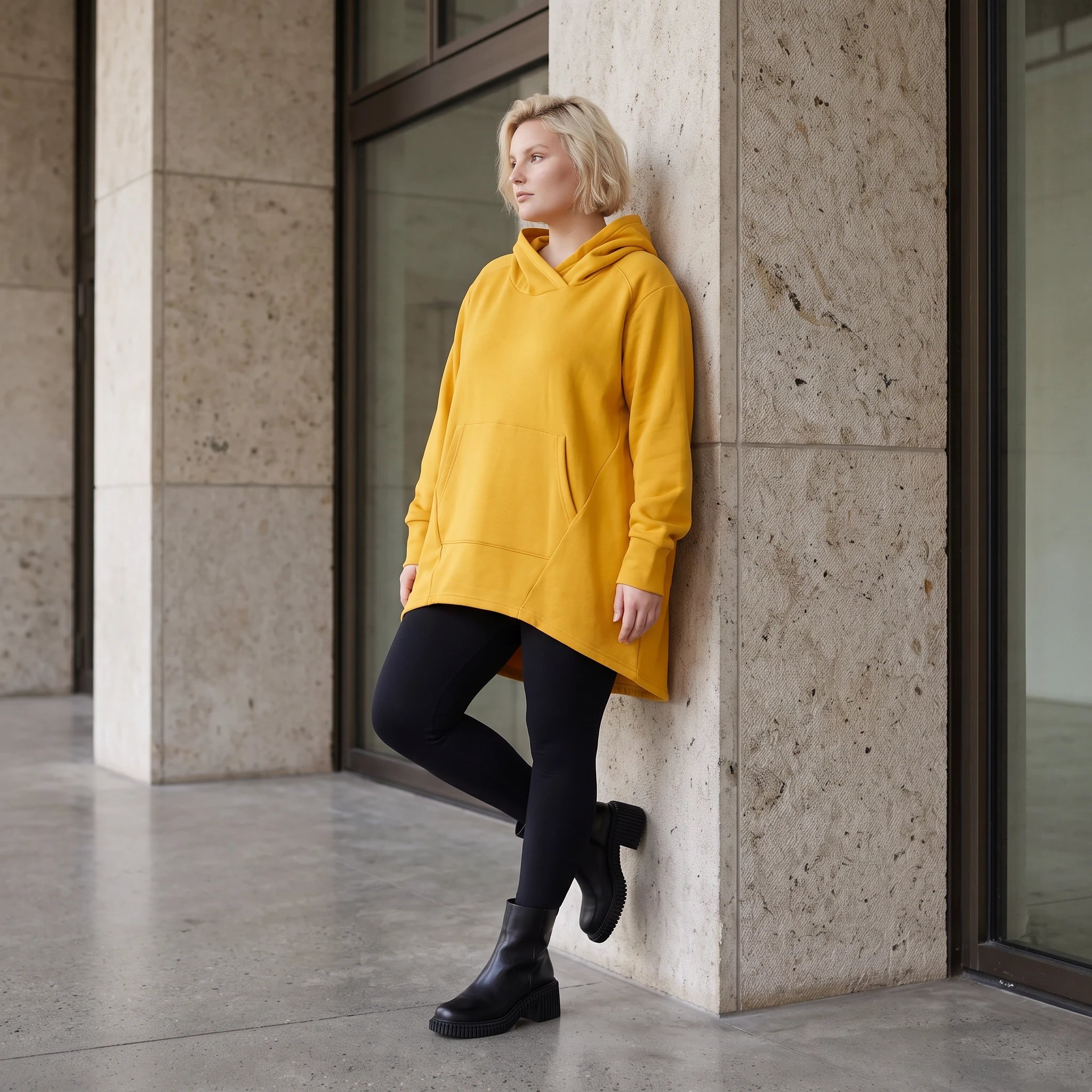 Damen Hoody Lagenlook Baumwolle Senfgelb, gerundeter Schnitt, 7/8-Arm, Kängurutasche, Oversize große Größen – Rafay