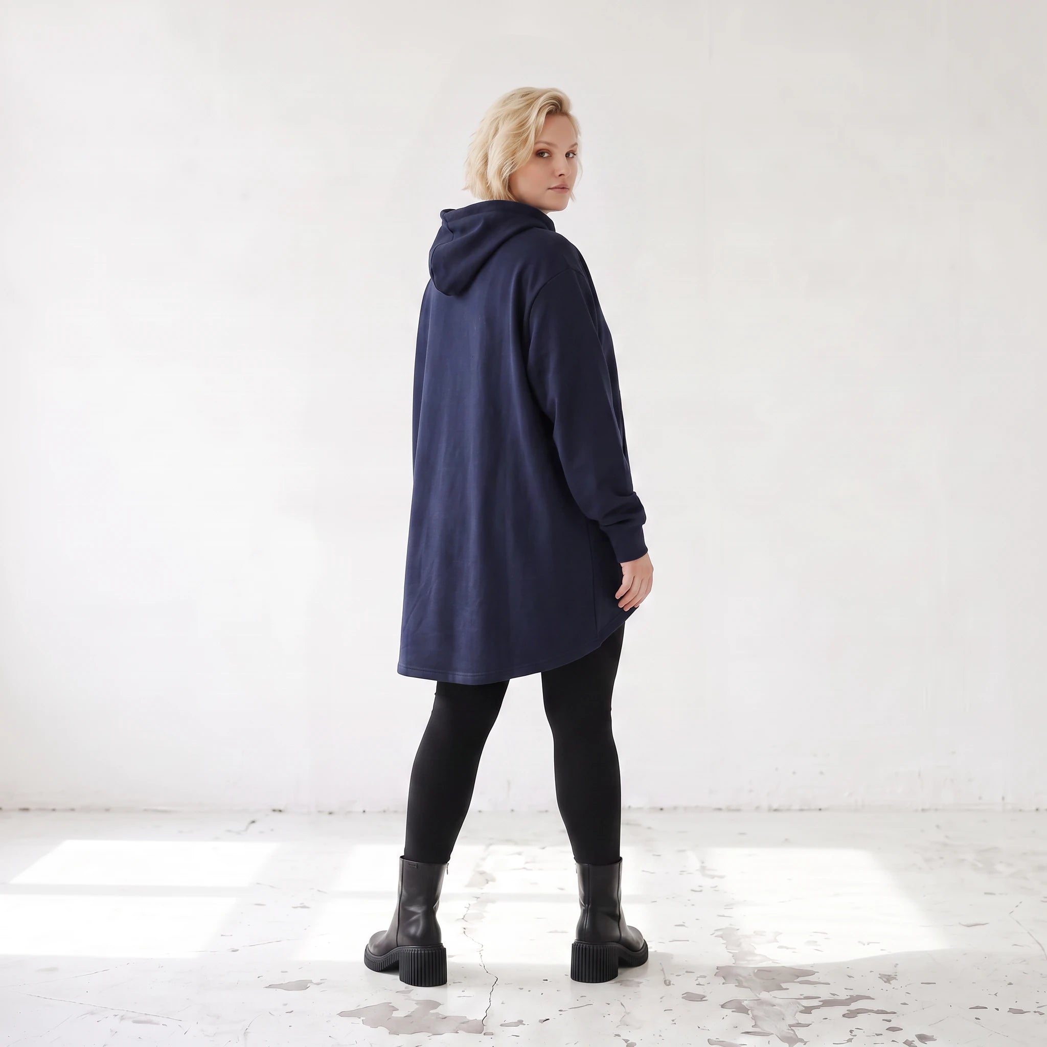Damen Hoody Lagenlook Baumwolle Dunkelblau, gerundeter Schnitt, Kapuze, Oversize große Größen – Rafay
