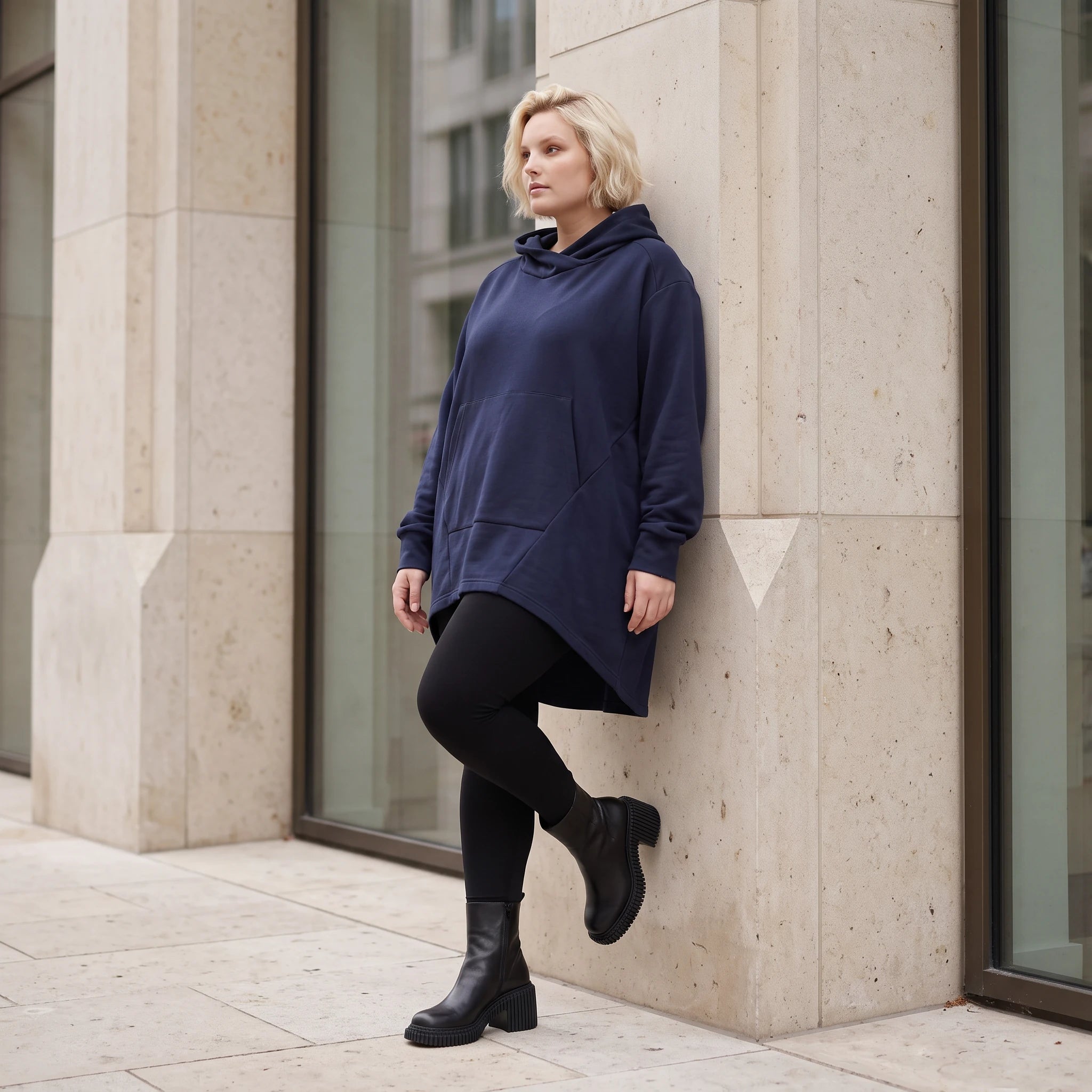 Damen Hoody Lagenlook Baumwolle Dunkelblau, gerundeter Schnitt, Kapuze, Oversize große Größen – Rafay