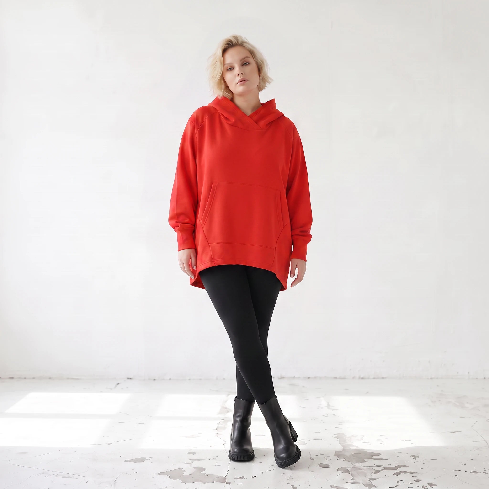 Damen Hoody Lagenlook Baumwolle Rot, gerundeter Schnitt, 7/8-Arm, Kängurutasche, Oversize große Größen – Rafay