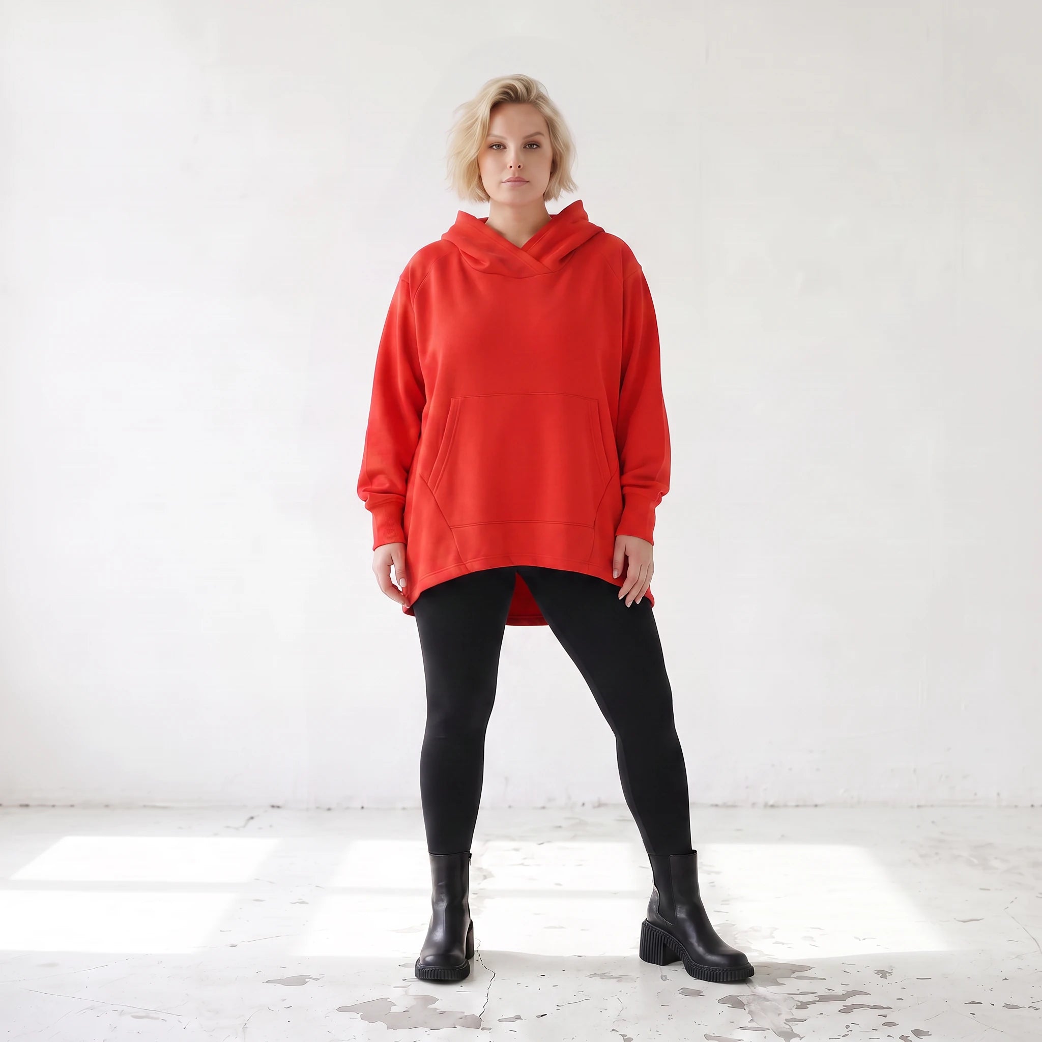 Damen Hoody Lagenlook Baumwolle Rot, gerundeter Schnitt, 7/8-Arm, Kängurutasche, Oversize große Größen – Rafay