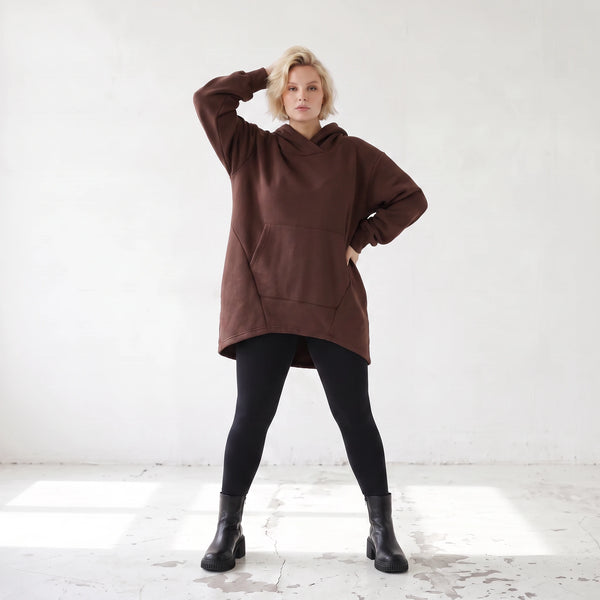 Damen Hoody Lagenlook Baumwolle Schokobraun, gerundeter Schnitt, 7/8-Arm, Kängurutasche, Oversize große Größen – Rafay