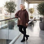 Damen Hoody Lagenlook Baumwolle Schokobraun, gerundeter Schnitt, 7/8-Arm, Kängurutasche, Oversize große Größen – Rafay