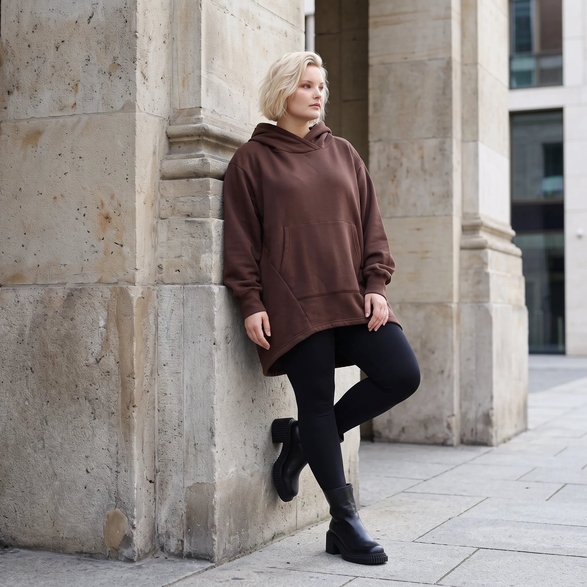 Damen Hoody Lagenlook Baumwolle Schokobraun, gerundeter Schnitt, 7/8-Arm, Kängurutasche, Oversize große Größen – Rafay
