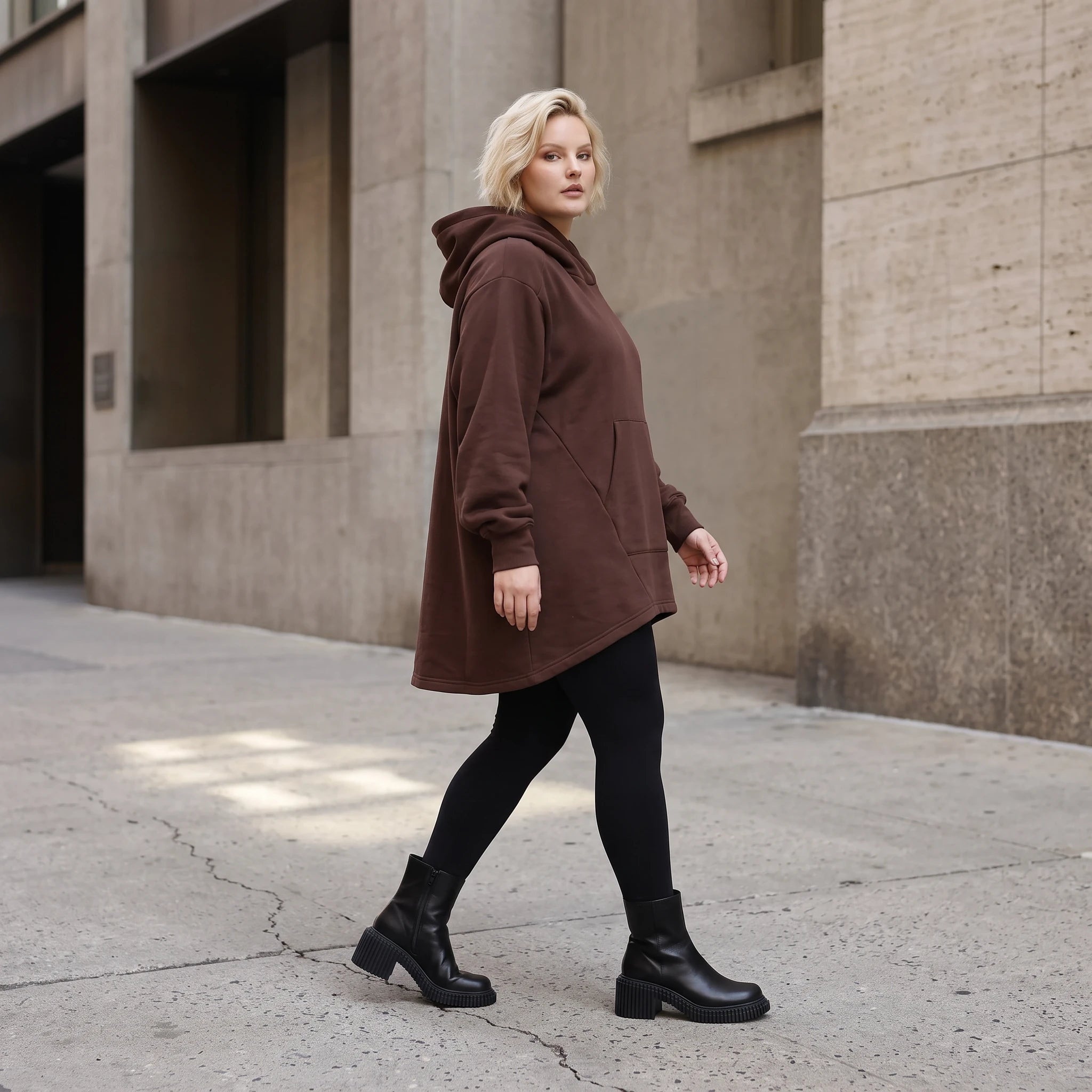 Damen Hoody Lagenlook Baumwolle Schokobraun, gerundeter Schnitt, 7/8-Arm, Kängurutasche, Oversize große Größen – Rafay