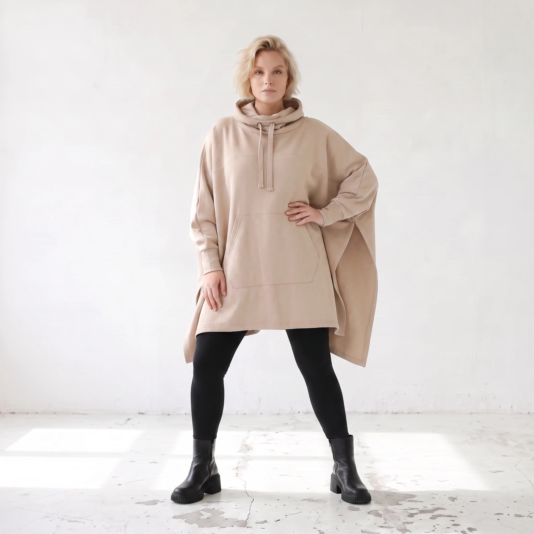 Damen Poncho Lagenlook Baumwolle Sand, kastiger Schnitt, Kapuze, Oversize große Größen – Rafay
