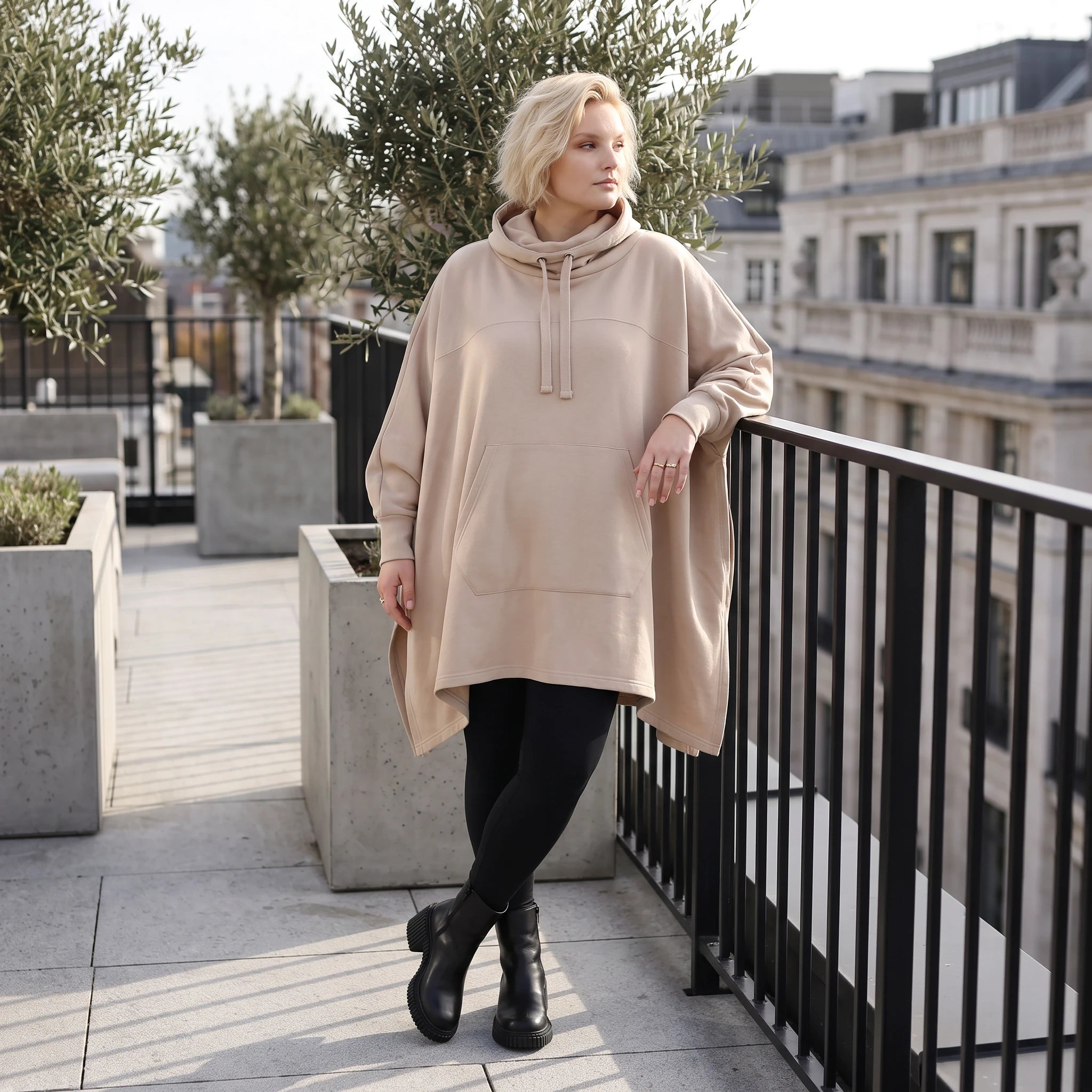 Damen Poncho Lagenlook Baumwolle Sand, kastiger Schnitt, Kapuze, Oversize große Größen – Rafay