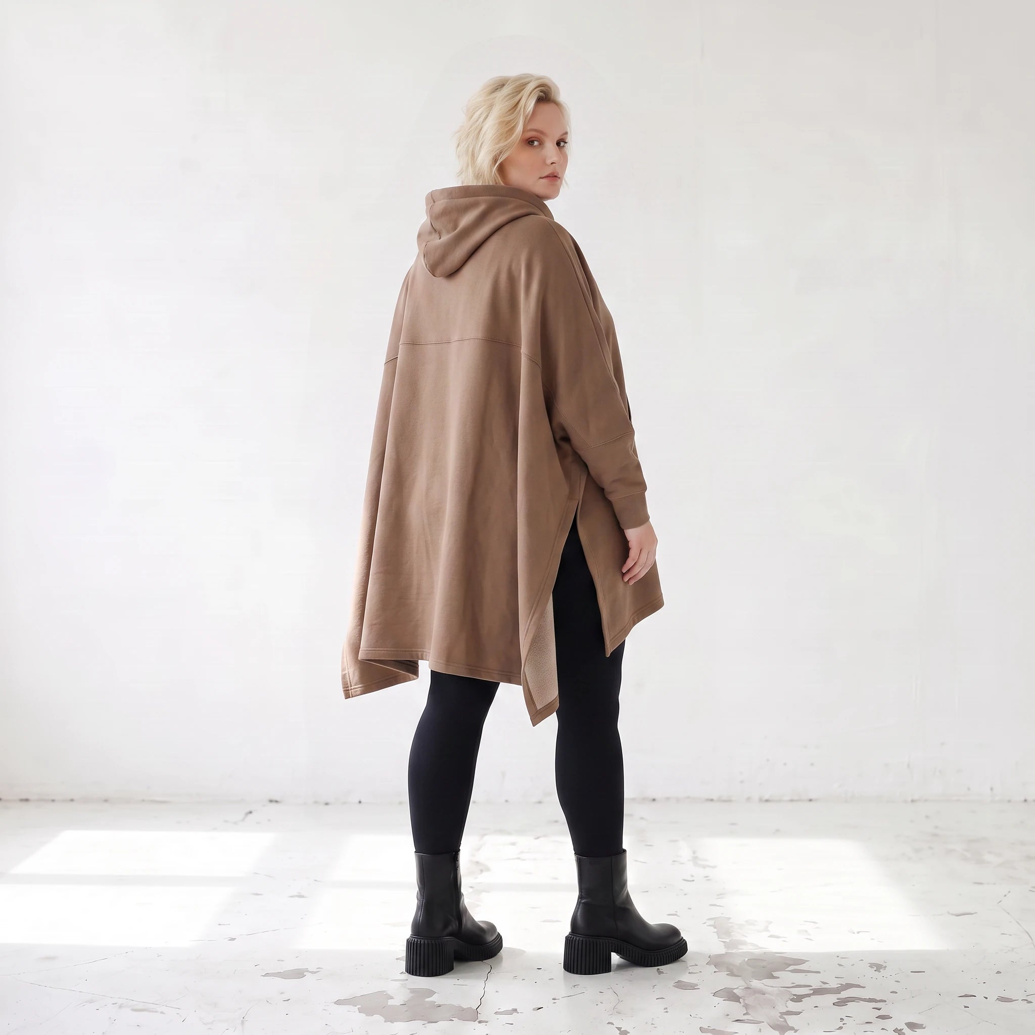 Damen Poncho Lagenlook Baumwolle Braun, kastiger Schnitt, Kapuze, Oversize große Größen – Rafay