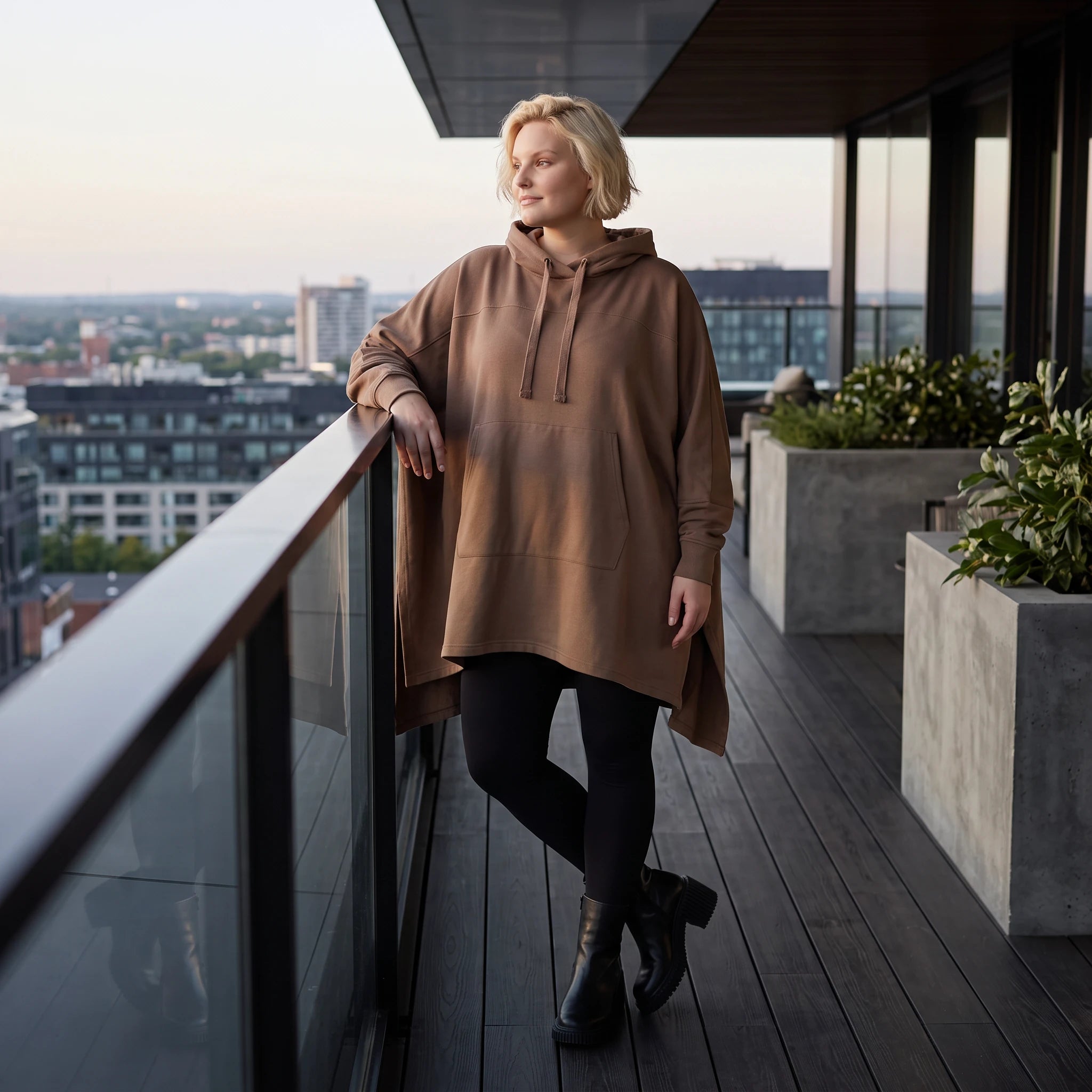 Damen Poncho Lagenlook Baumwolle Braun, kastiger Schnitt, Kapuze, Oversize große Größen – Rafay