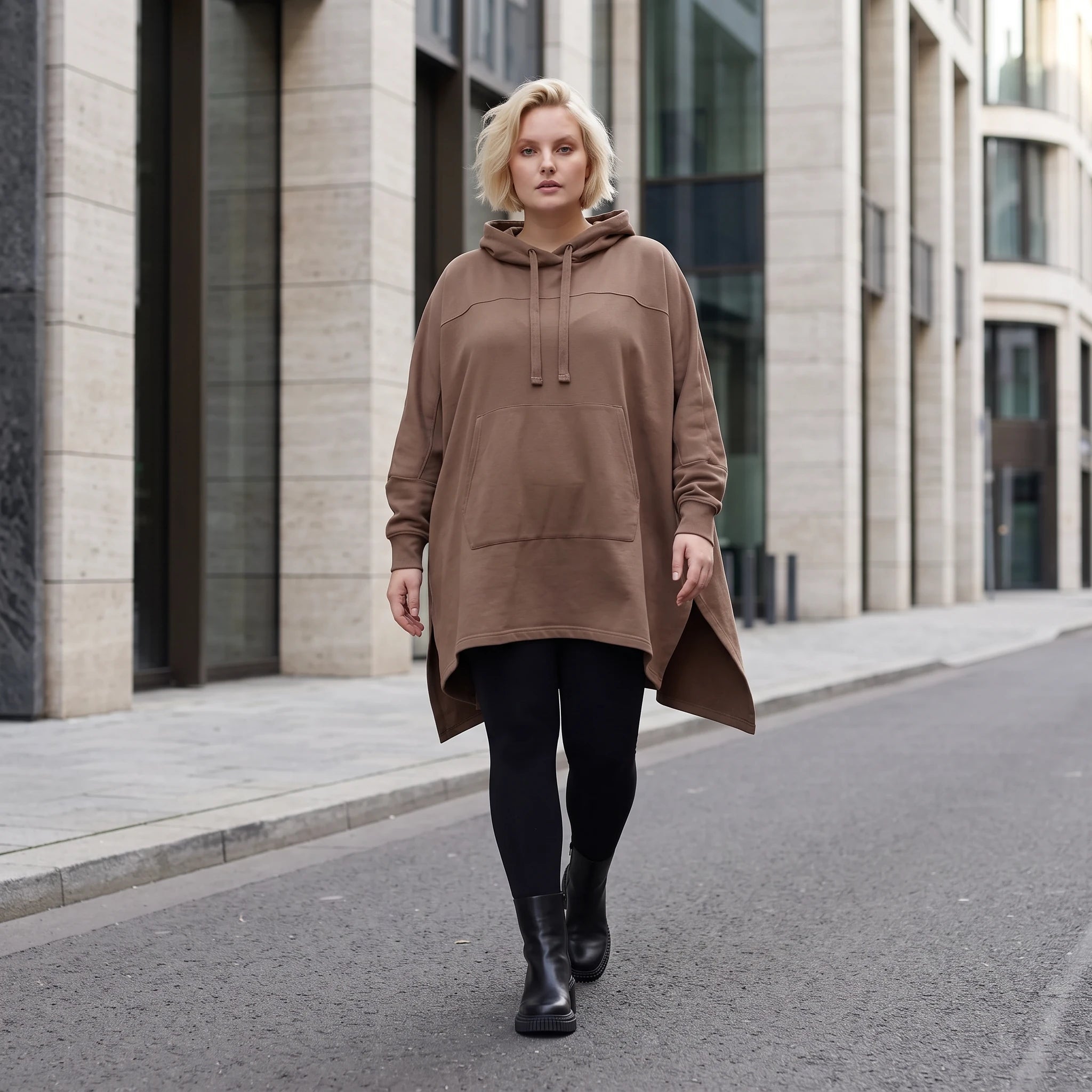 Damen Poncho Lagenlook Baumwolle Braun, kastiger Schnitt, Kapuze, Oversize große Größen – Rafay