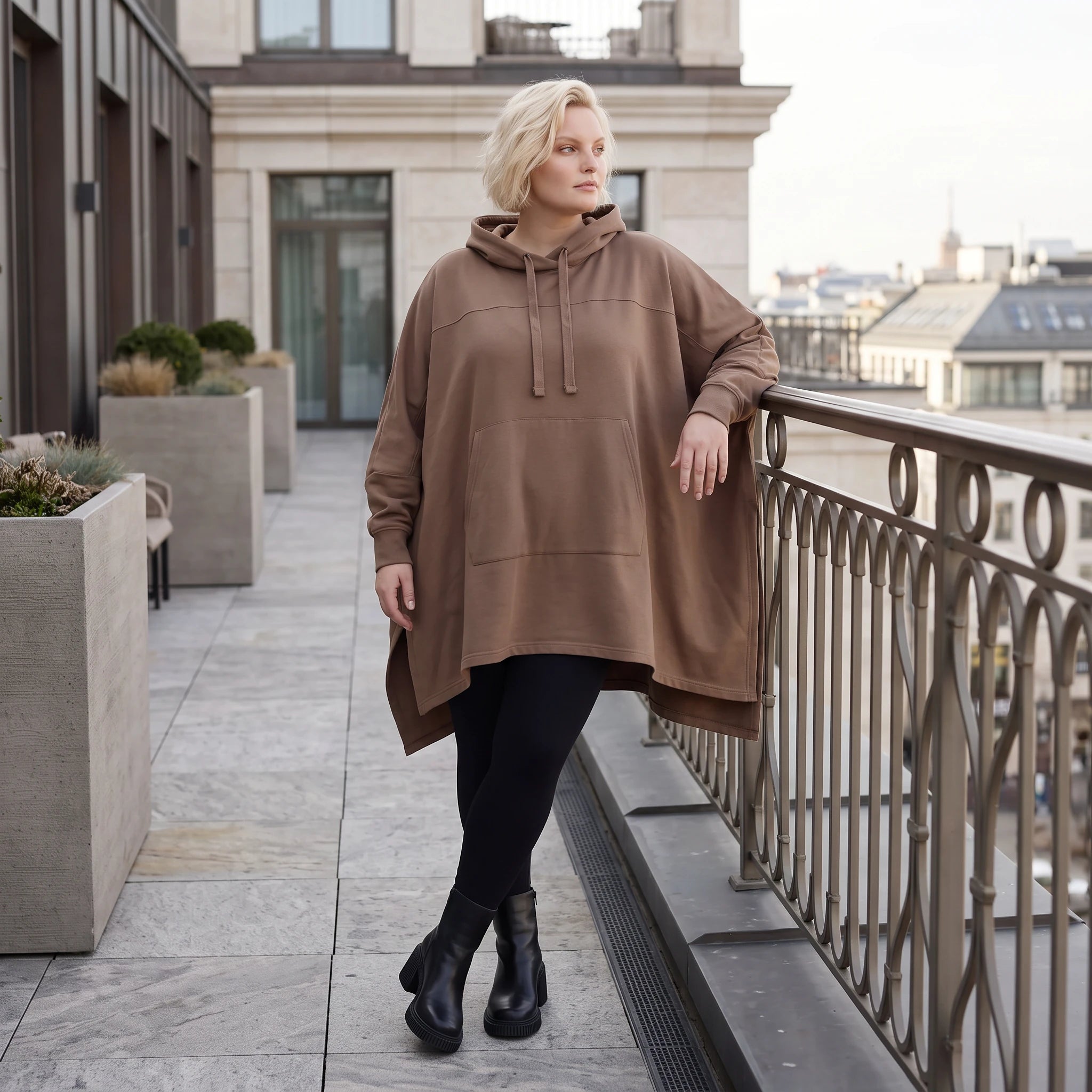 Damen Poncho Lagenlook Baumwolle Braun, kastiger Schnitt, Kapuze, Oversize große Größen – Rafay