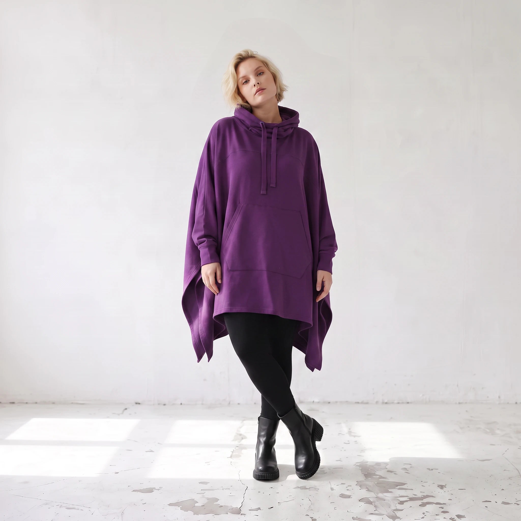 Damen Poncho Lagenlook Baumwolle Lila, kastiger Schnitt, Kapuze, Oversize große Größen – Rafay