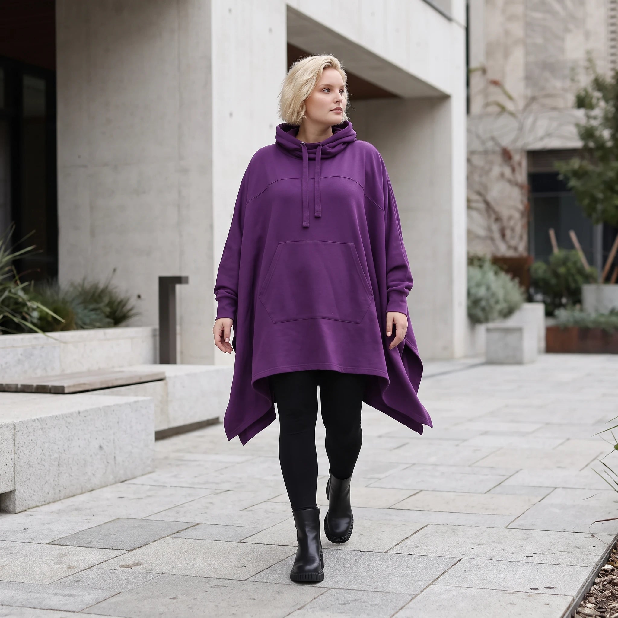Damen Poncho Lagenlook Baumwolle Lila, kastiger Schnitt, Kapuze, Oversize große Größen – Rafay