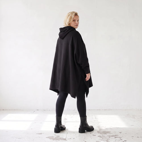 Damen Poncho Lagenlook Baumwolle Schwarz, kastiger Schnitt, Kapuze, Oversize große Größen – Rafay