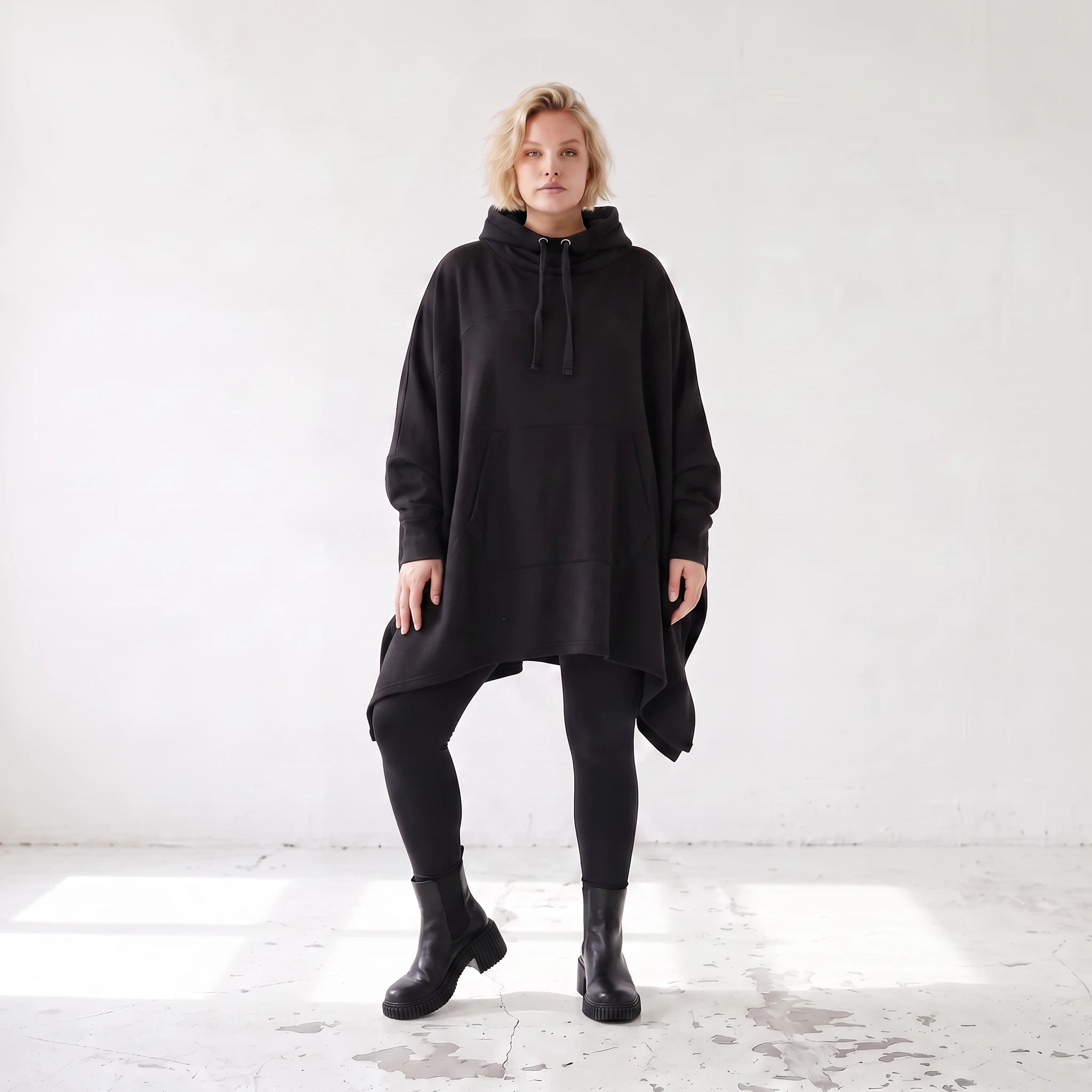 Damen Poncho Lagenlook Baumwolle Schwarz, kastiger Schnitt, Kapuze, Oversize große Größen – Rafay