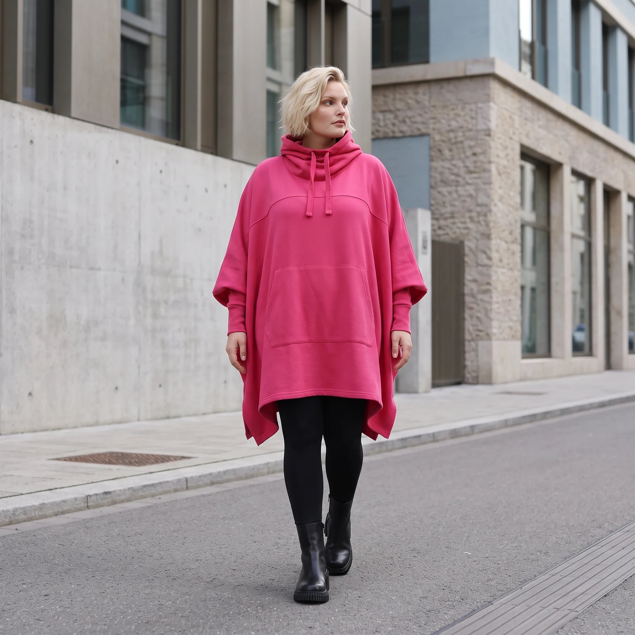 Damen Poncho Lagenlook Baumwolle Pink, kastiger Schnitt, Kapuze, Oversize große Größen – Rafay