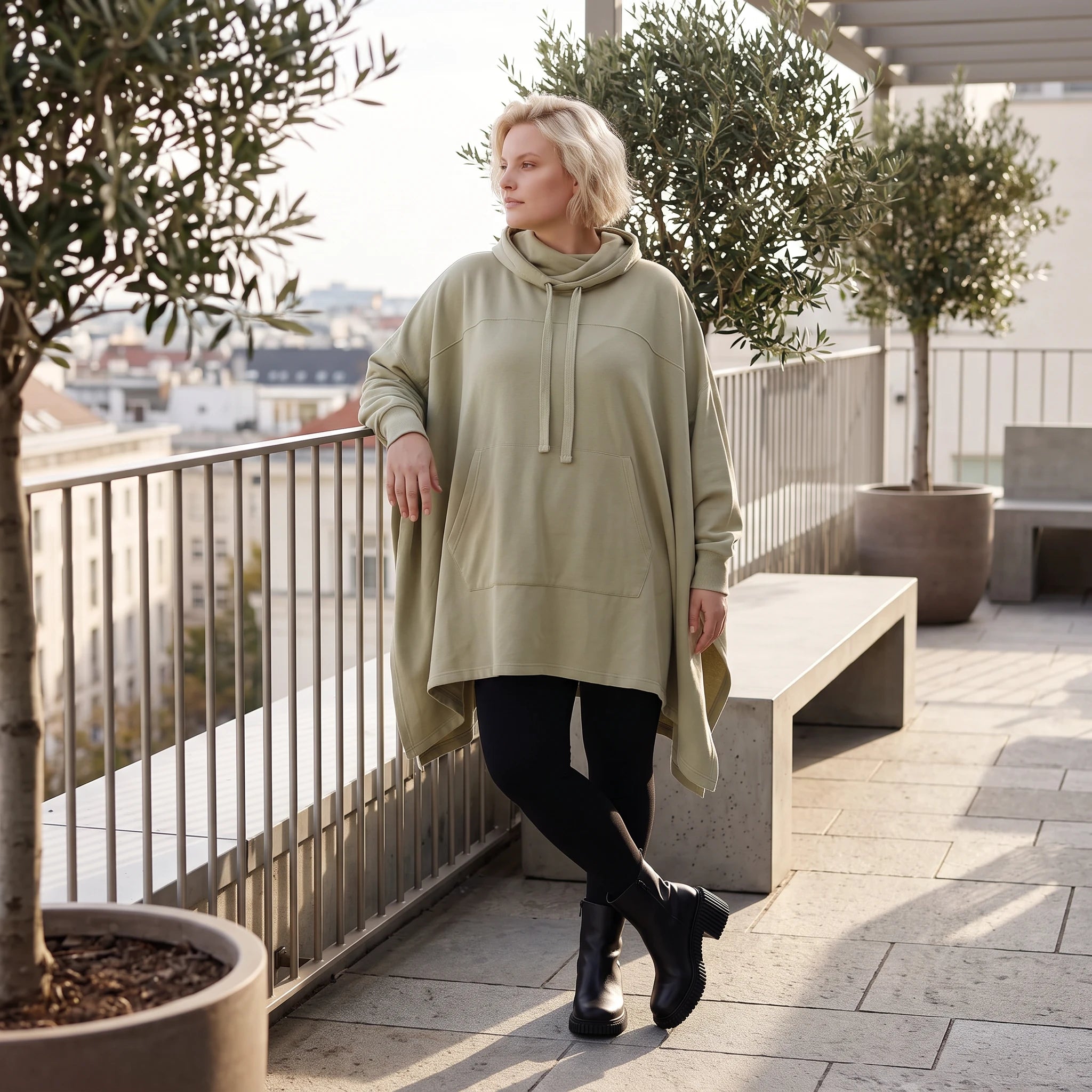 Damen Poncho Lagenlook Baumwolle Beige, kastiger Schnitt, Kapuze, Oversize große Größen – Rafay