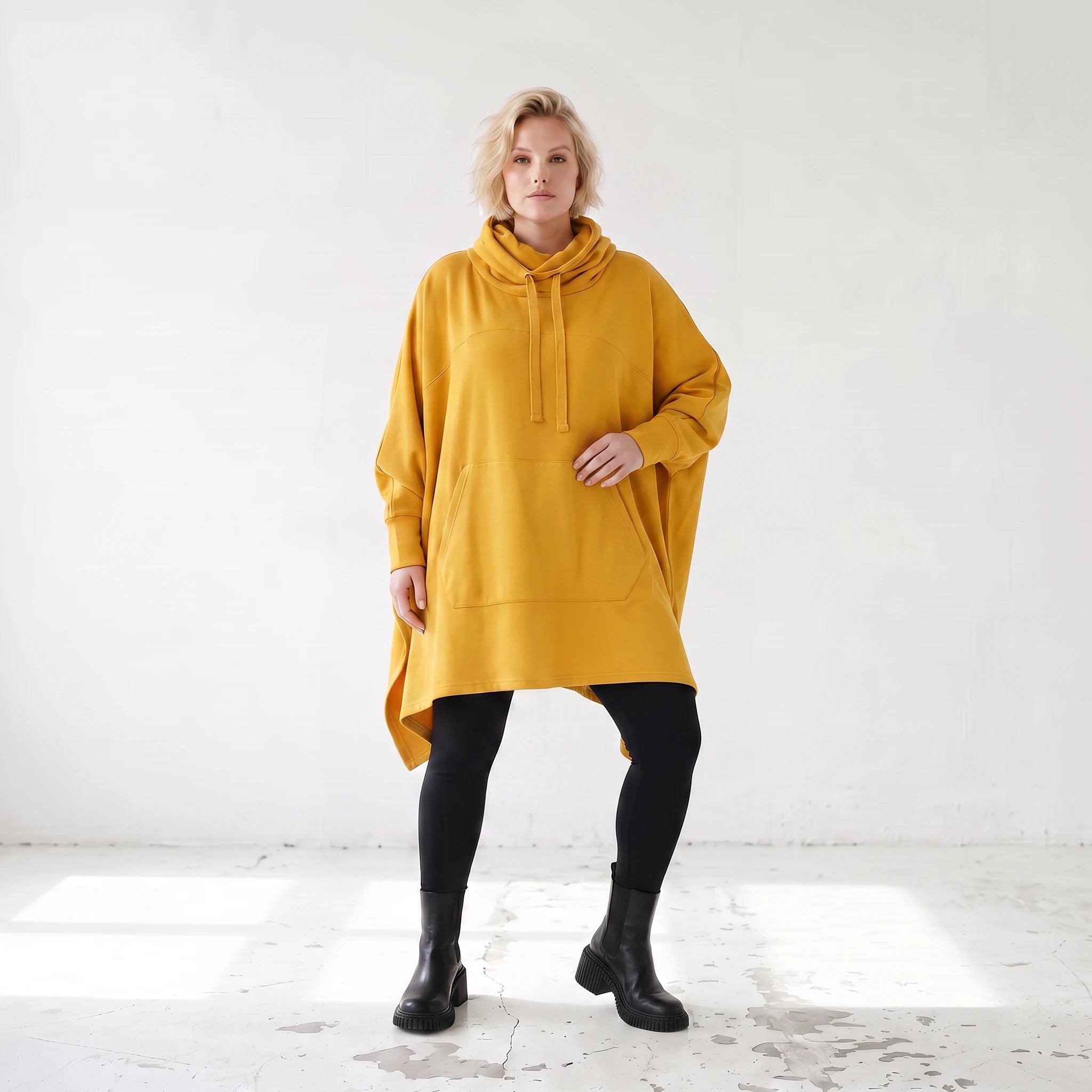 Damen Poncho Lagenlook Baumwolle Senfgelb, kastiger Schnitt, Langarm, Kapuze, Oversize große Größen – Rafay