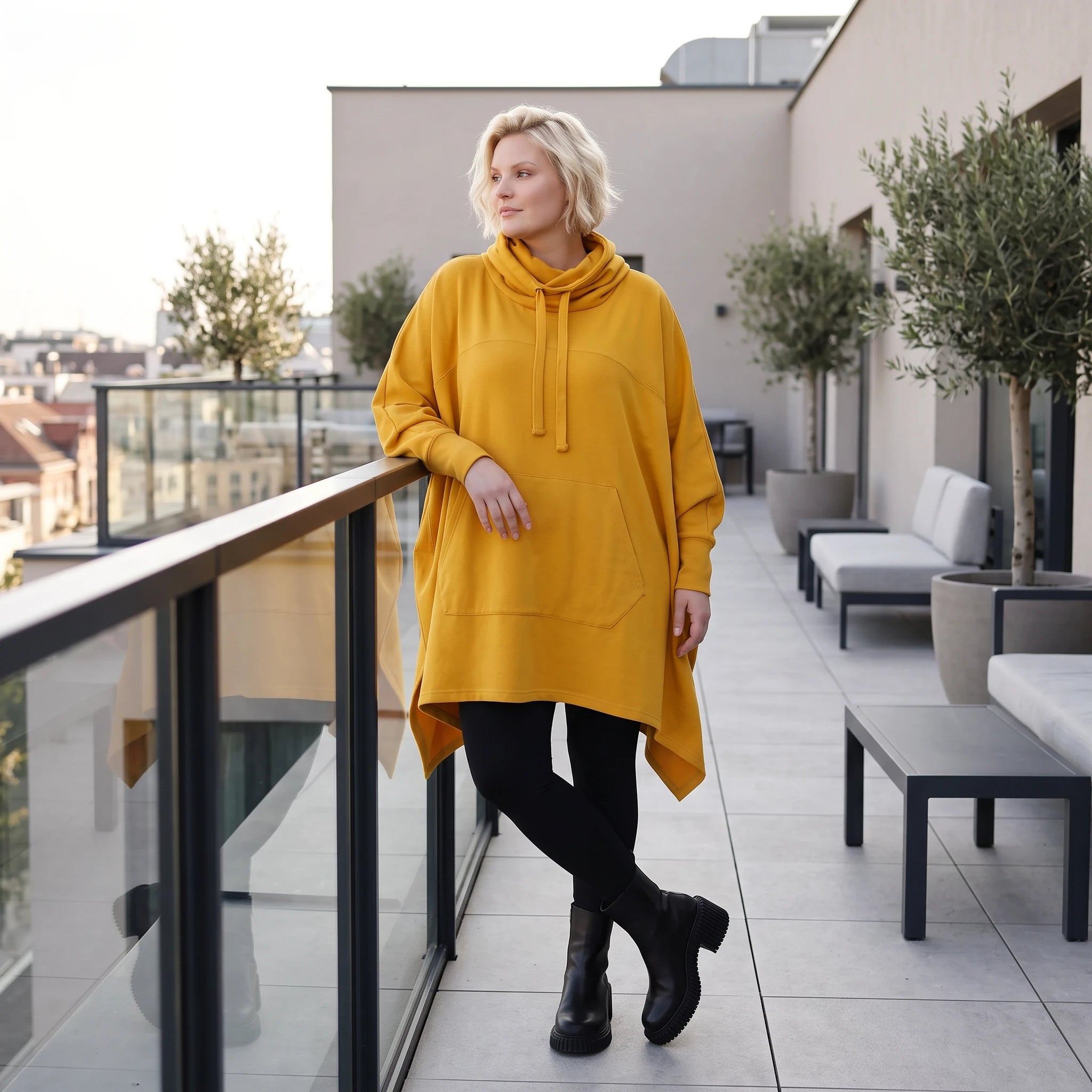 Damen Poncho Lagenlook Baumwolle Senfgelb, kastiger Schnitt, Langarm, Kapuze, Oversize große Größen – Rafay