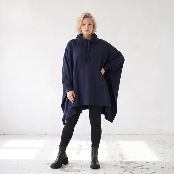 Damen Poncho Lagenlook Baumwolle Dunkelblau, kastiger Schnitt, Kapuze, Oversize große Größen – Rafay