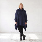 Damen Poncho Lagenlook Baumwolle Dunkelblau, kastiger Schnitt, Kapuze, Oversize große Größen – Rafay