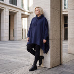 Damen Poncho Lagenlook Baumwolle Dunkelblau, kastiger Schnitt, Kapuze, Oversize große Größen – Rafay