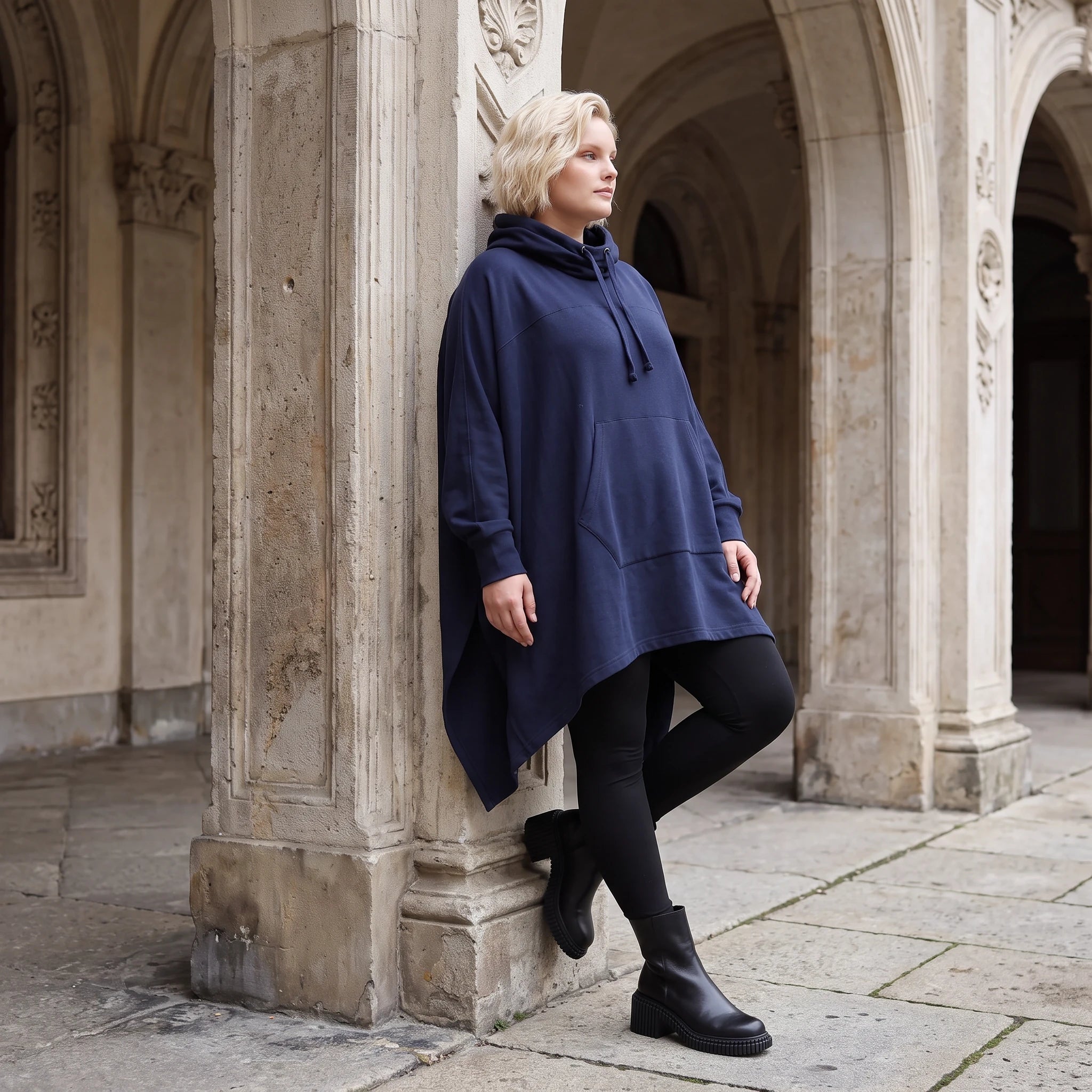 Damen Poncho Lagenlook Baumwolle Dunkelblau, kastiger Schnitt, Kapuze, Oversize große Größen – Rafay