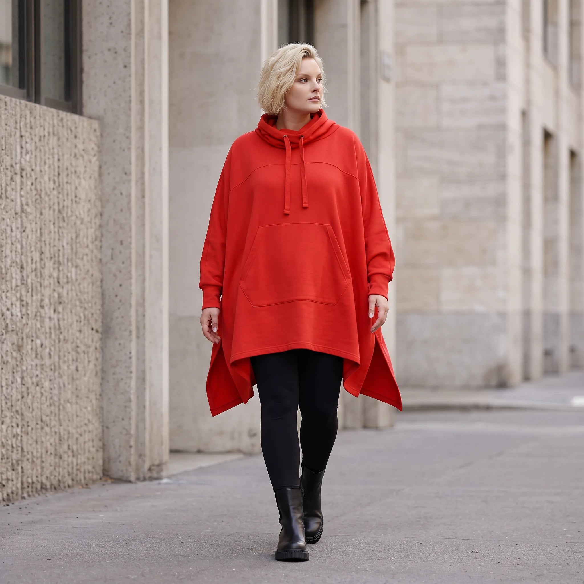 Damen Poncho Lagenlook Baumwolle Rot, kastiger Schnitt, Kapuze, Oversize große Größen – Rafay