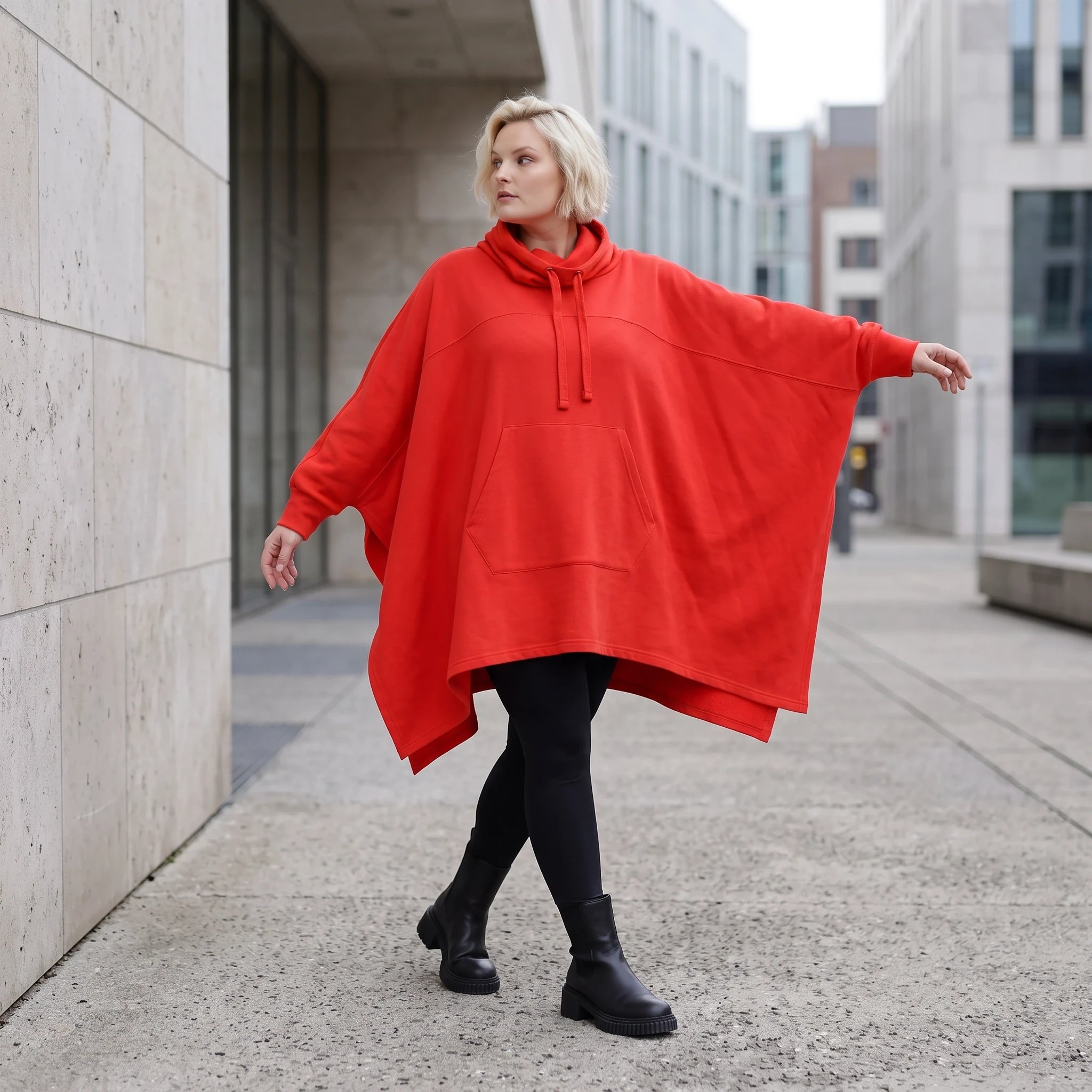 Damen Poncho Lagenlook Baumwolle Rot, kastiger Schnitt, Kapuze, Oversize große Größen – Rafay