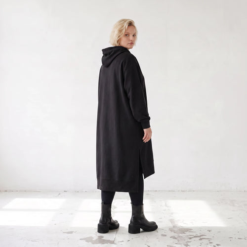 Damen Hoody Lagenlook Baumwolle Schwarz, gerader Schnitt, Kapuze, Oversize große Größen – Rafay